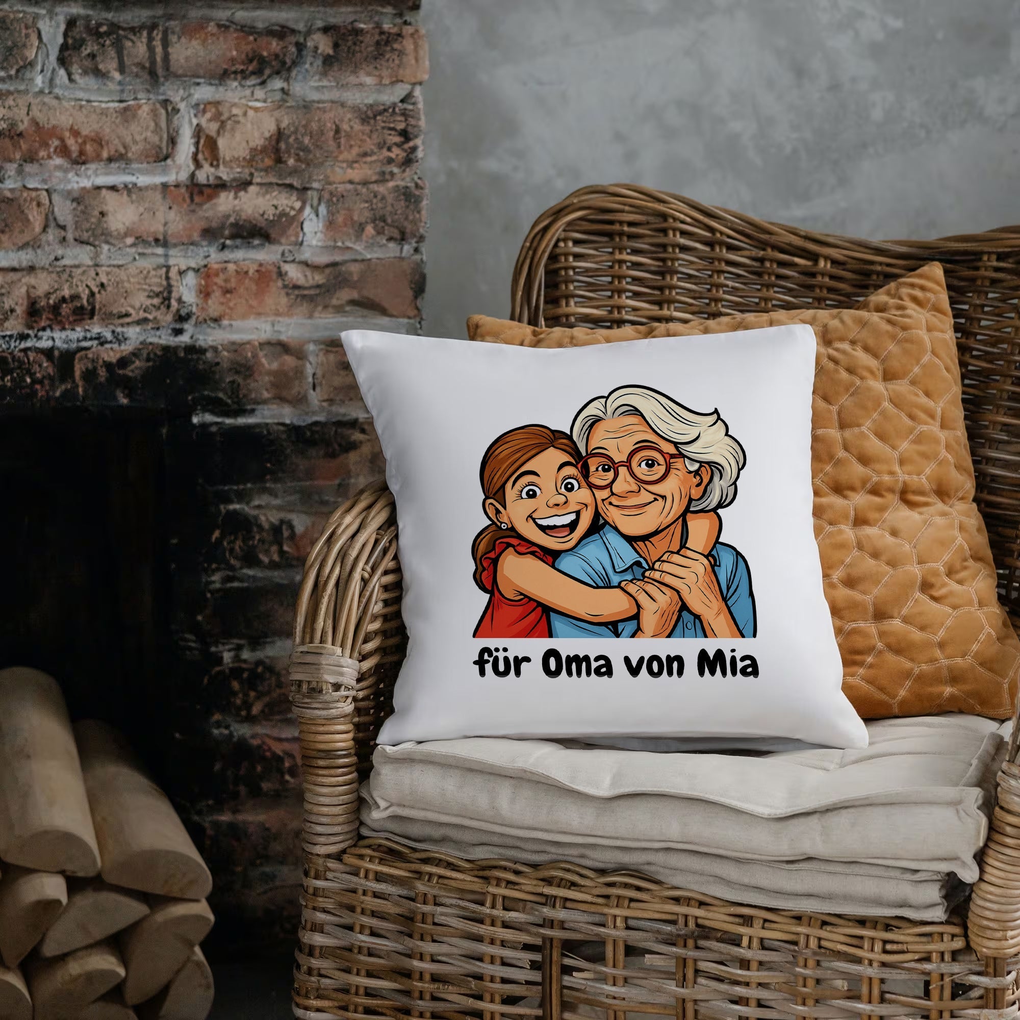 Personalisierte Heimtextilien wie Tischdecke, Schürze und Kissenhülle mit individuellem Druck.