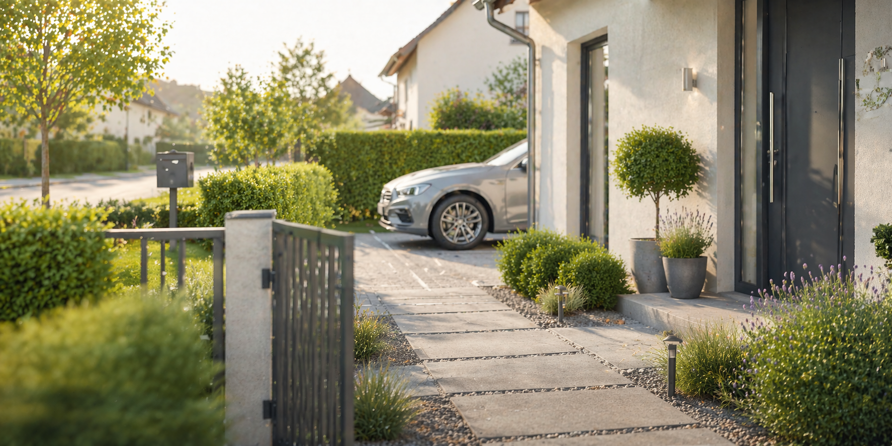 Heller Eingangsbereich eines Wohnhauses mit Hofzufahrt und Gartentor, typisches Einsatzumfeld für Alltagsschilder am Haus.