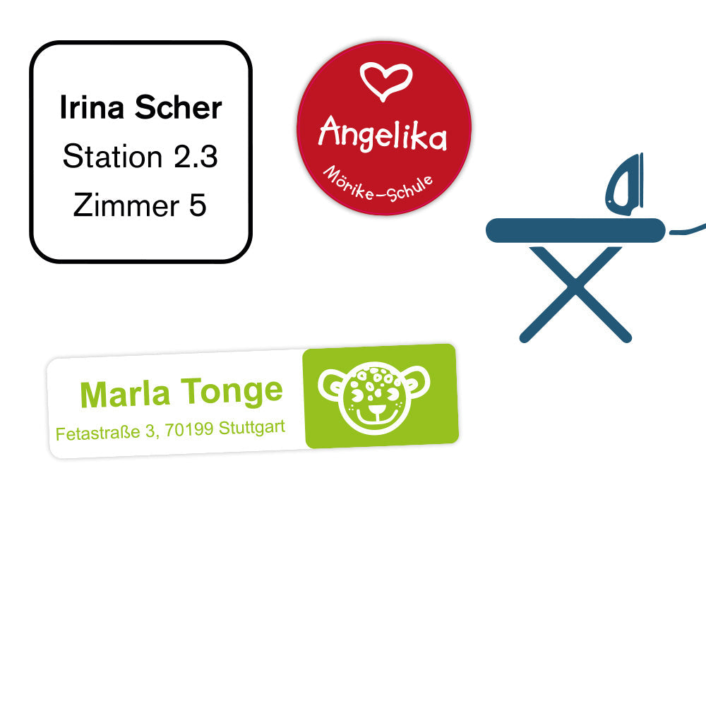 Bügeletiketten aus Solventflex-Folie von SISER, bedruckt mit CMYK-Design, zum Aufbügeln auf Textilien.