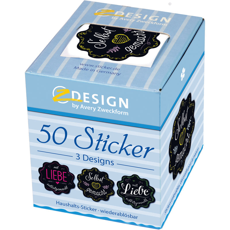 50 schwarze Aufkleber "Selbst gemacht" von Avery Zweckform, runde Etiketten auf weißem Hintergrund, für DIY-Projekte.