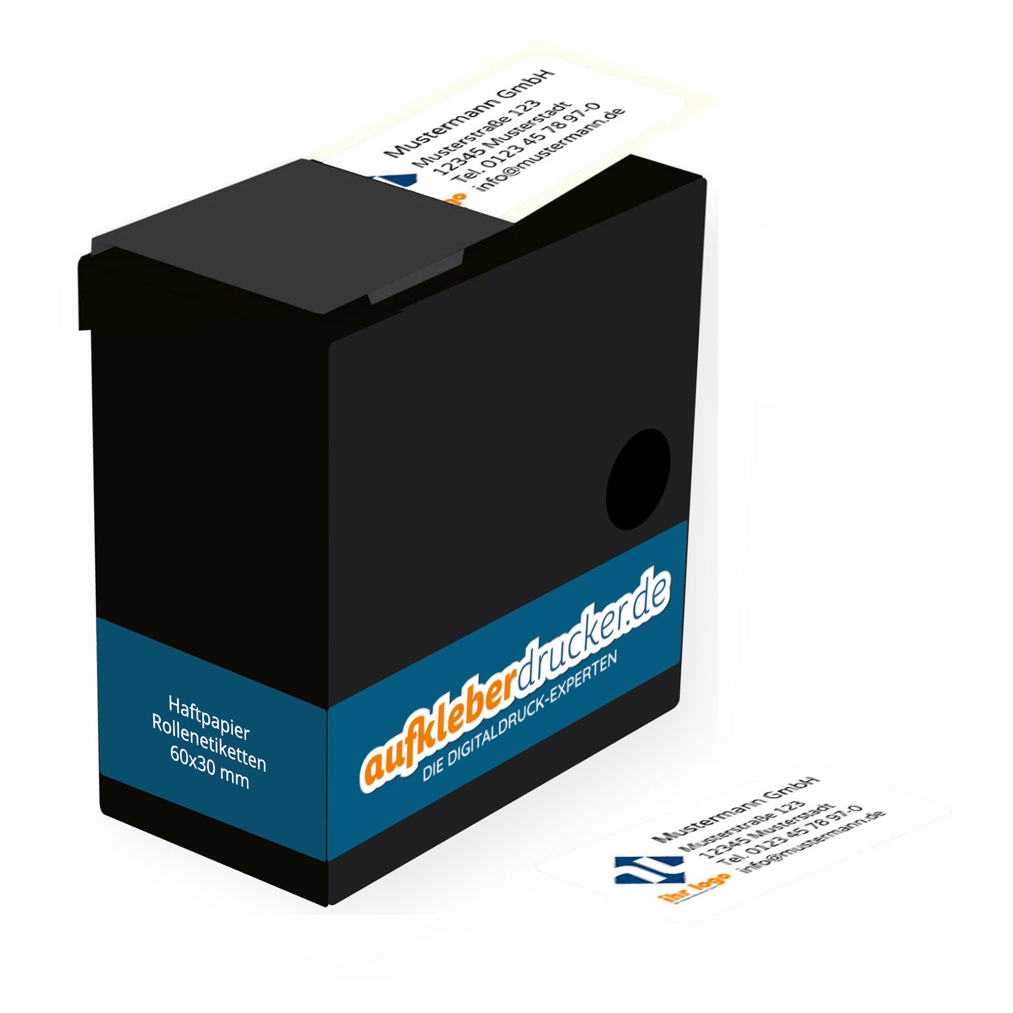 Adress-Etiketten mit Logo von aufkleberdrucker.de, 60x30 mm, 250 Stück in Spenderkarton, auf Rollen für einfache Anwendung