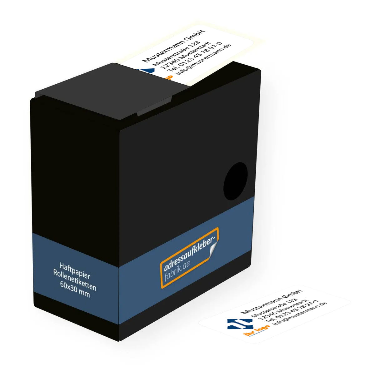 Adress-Etiketten mit Logo, 60x30 mm, 250 Stück, aufkleberdrucker.de, auf Rollen im Spenderkarton für Adressen und Versand.