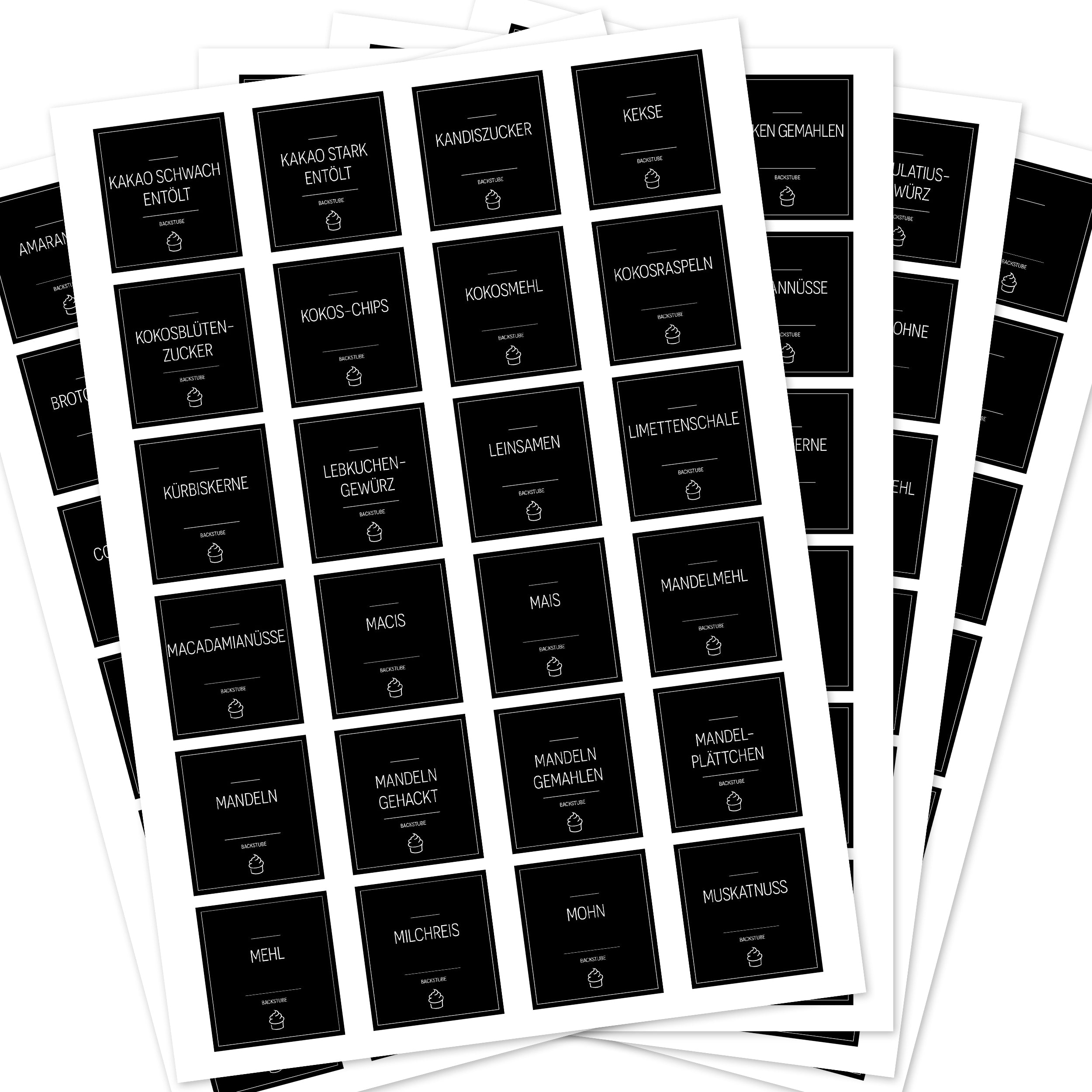 Schwarze, eckige Back-Etiketten für Backzutaten, 120er Set, von aufkleberdrucker.de, zum Beschriften von Backwaren und Zutaten