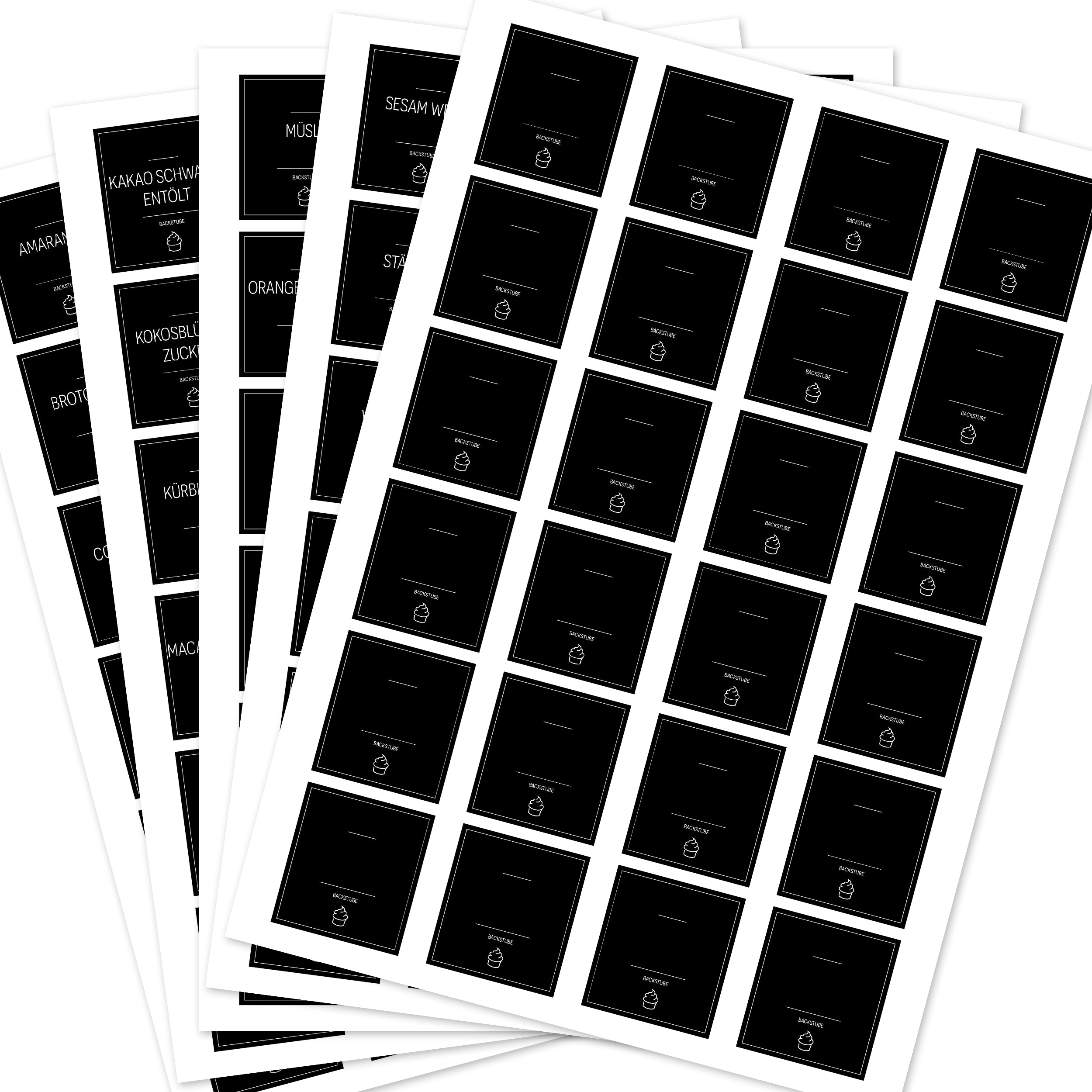Schwarze, eckige Back-Etiketten für Backzutaten, Set mit 120 Aufklebern, ideal für Backstube und Lebensmittel.