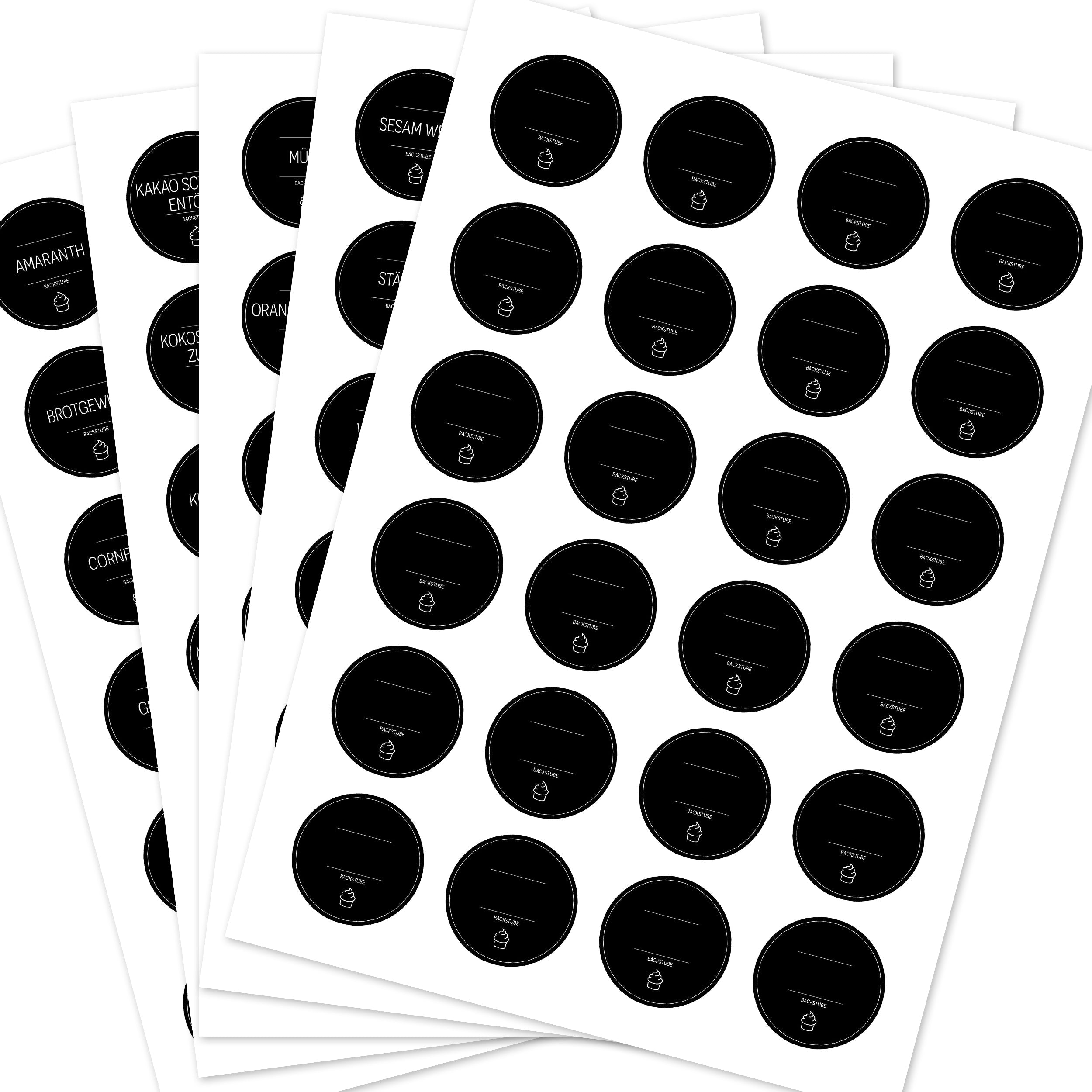 Runde Back-Etiketten für Backzutaten in Schwarz, 120er Set, ideal für Lebensmittelaufkleber, aufkleberdrucker.de