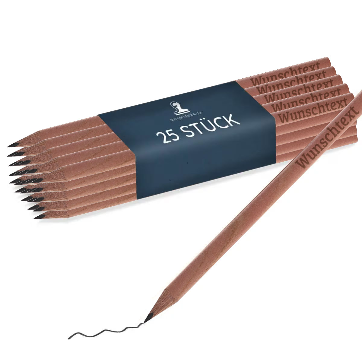 Dreieckige Lasergravierte Bleistifte in 25er Packung, mit individuellem Schriftzug, von aufkleberdrucker.de.