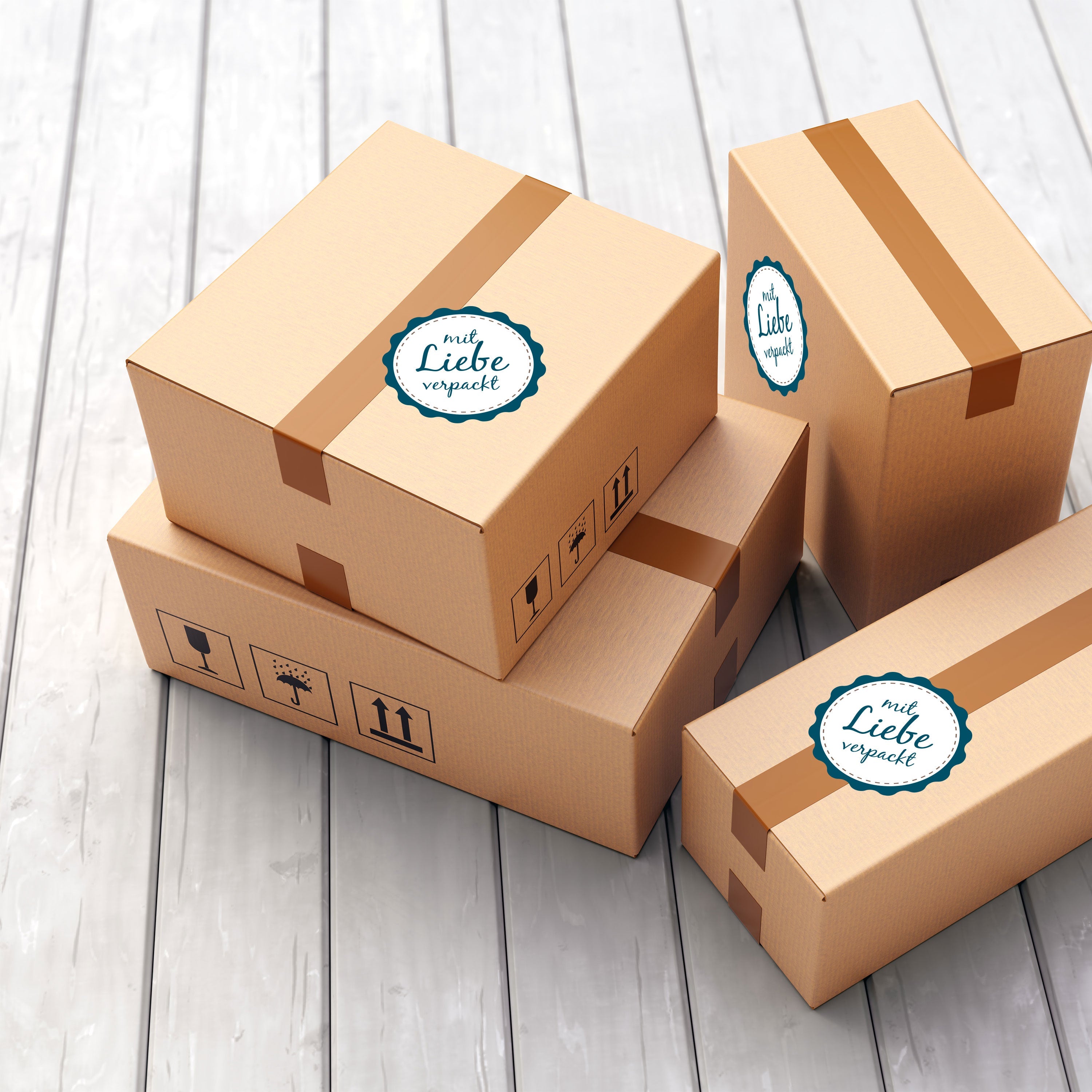 Blauer Aufkleber mit "Mit Liebe verpackt" für Verpackungen, 60 Stück, ø 46 mm, von aufkleberdrucker.de