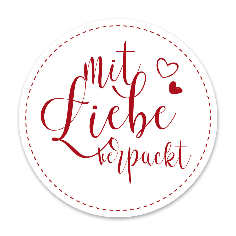 Weiße Aufkleber "Mit Liebe verpackt" in Rot, 60 Stück, Ø 46mm, von aufkleberdrucker.de, ideal für Geschenkverpackungen