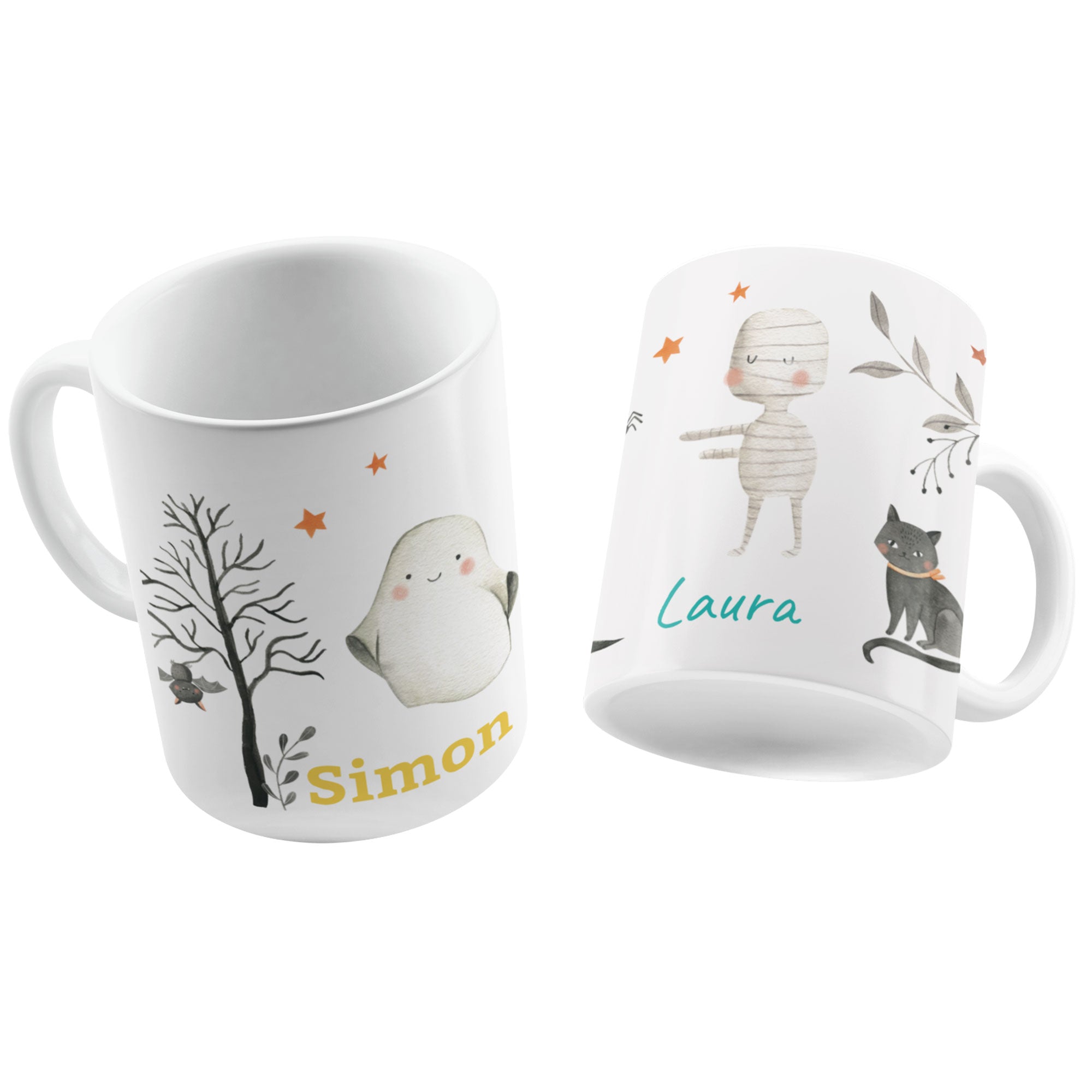 Personalisierte Kindertasse mit Namen in Aquarell-Design, Halloween-Motiv, buntes Kindertrinkgefäß, ideal für Kinder.