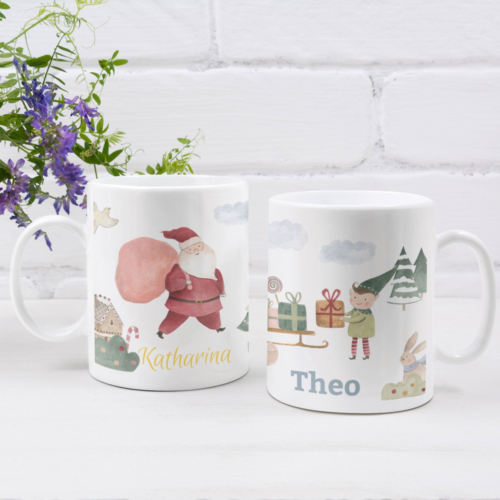 Personalisierte Kindertasse mit bunten Aquarell-Welten und Namen, ideal für Kinder, kreative Geschenkidee, aufkleberdrucker.de