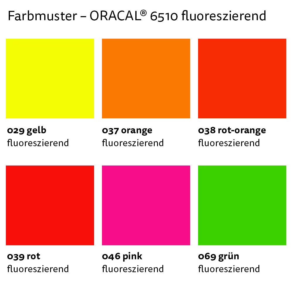 Farbmusterkarte mit verschiedenen Neonfolie- und Tagesleuchtfolien von Orafol, zeigt leuchtende Farboptionen und Muster
