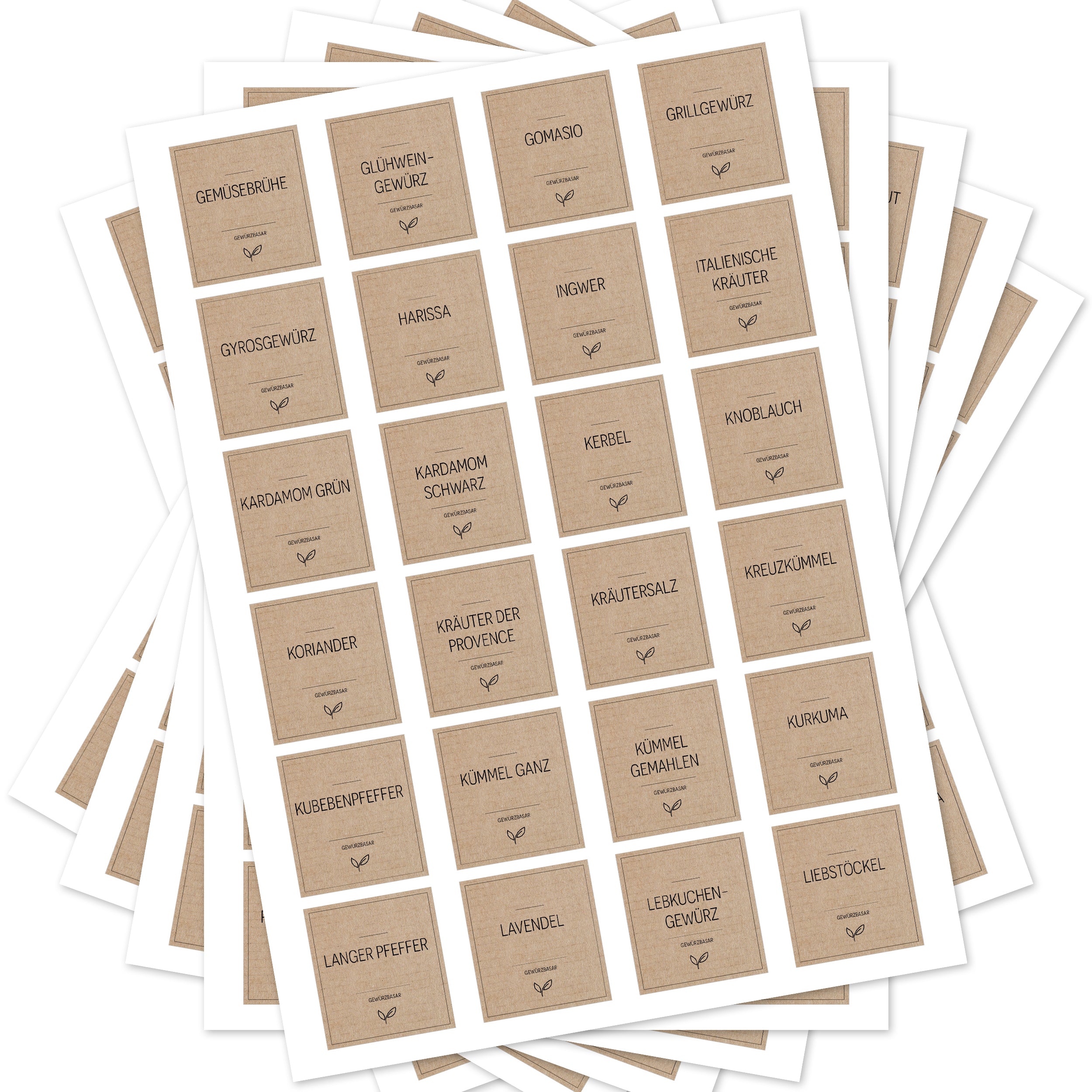Braune, eckige Gewürzetiketten für Gewürzgläser, Set mit 144 Aufklebern, ideal für Küchenorganisation und Gewürzbasar.