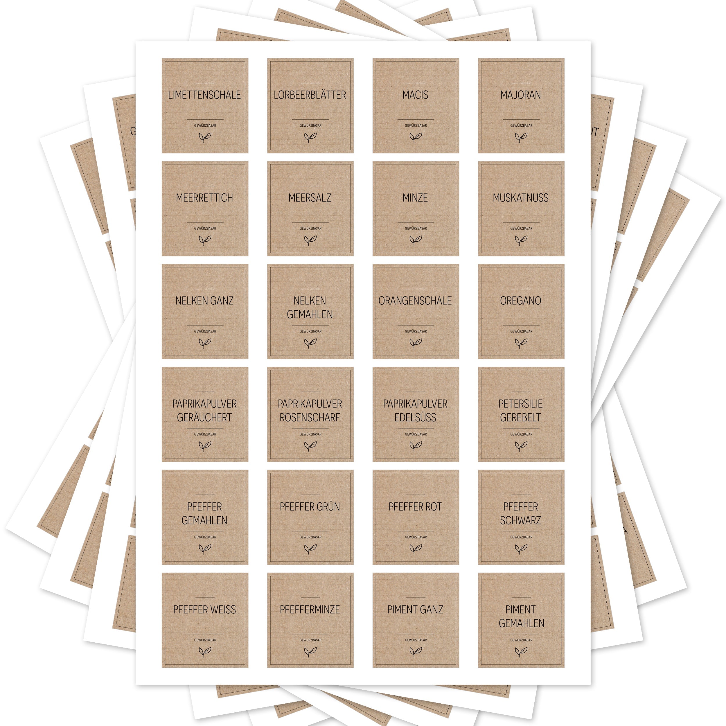 Braune Gewürzetiketten für Gewürzgläser, eckiges Design, Set mit 144 Aufklebern, ideal für Küchenorganisation und Beschriftung