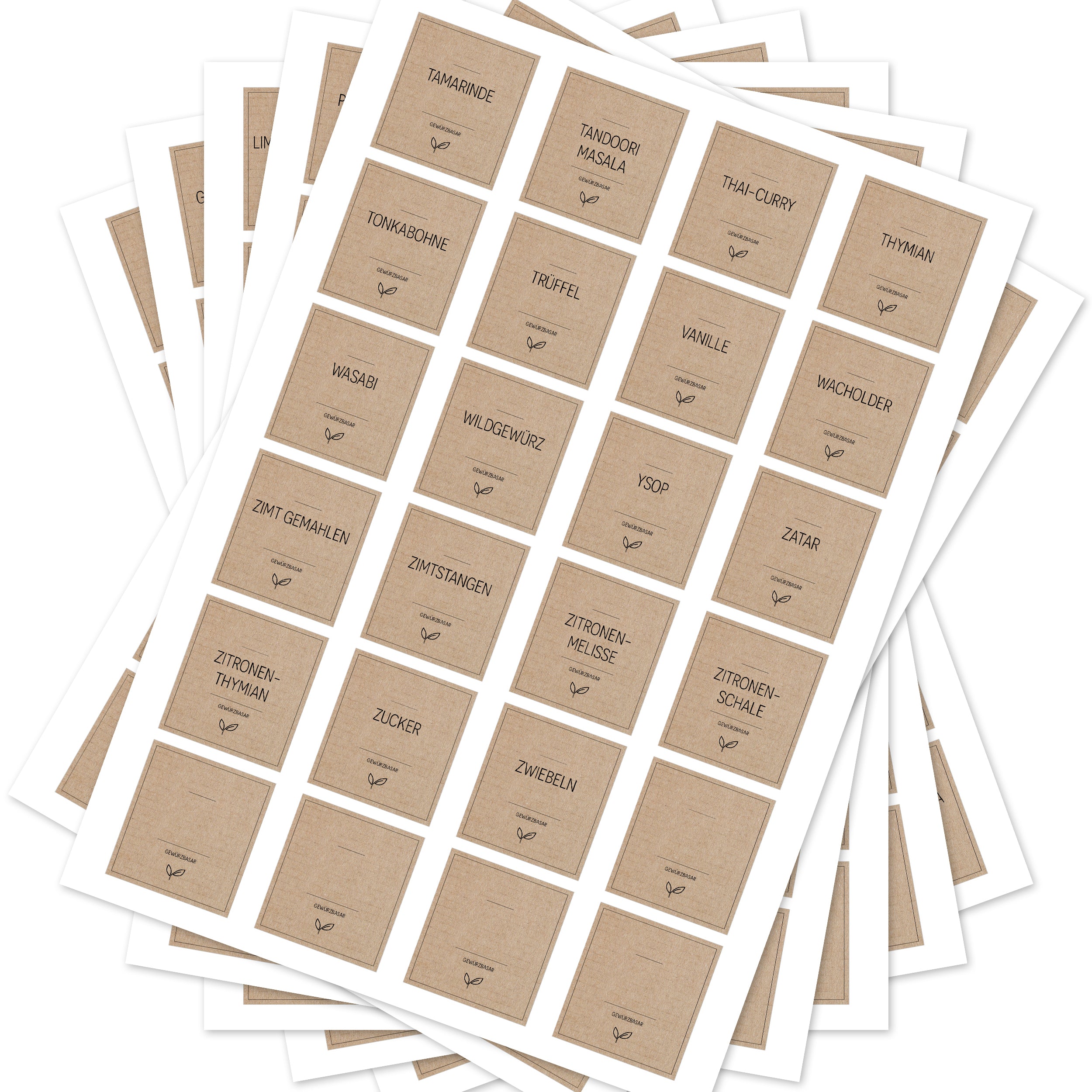 Braune eckige Gewürzetiketten für Gewürzgläser, Set mit 144 Aufklebern, ideal für Küchen und Gewürzbasare.