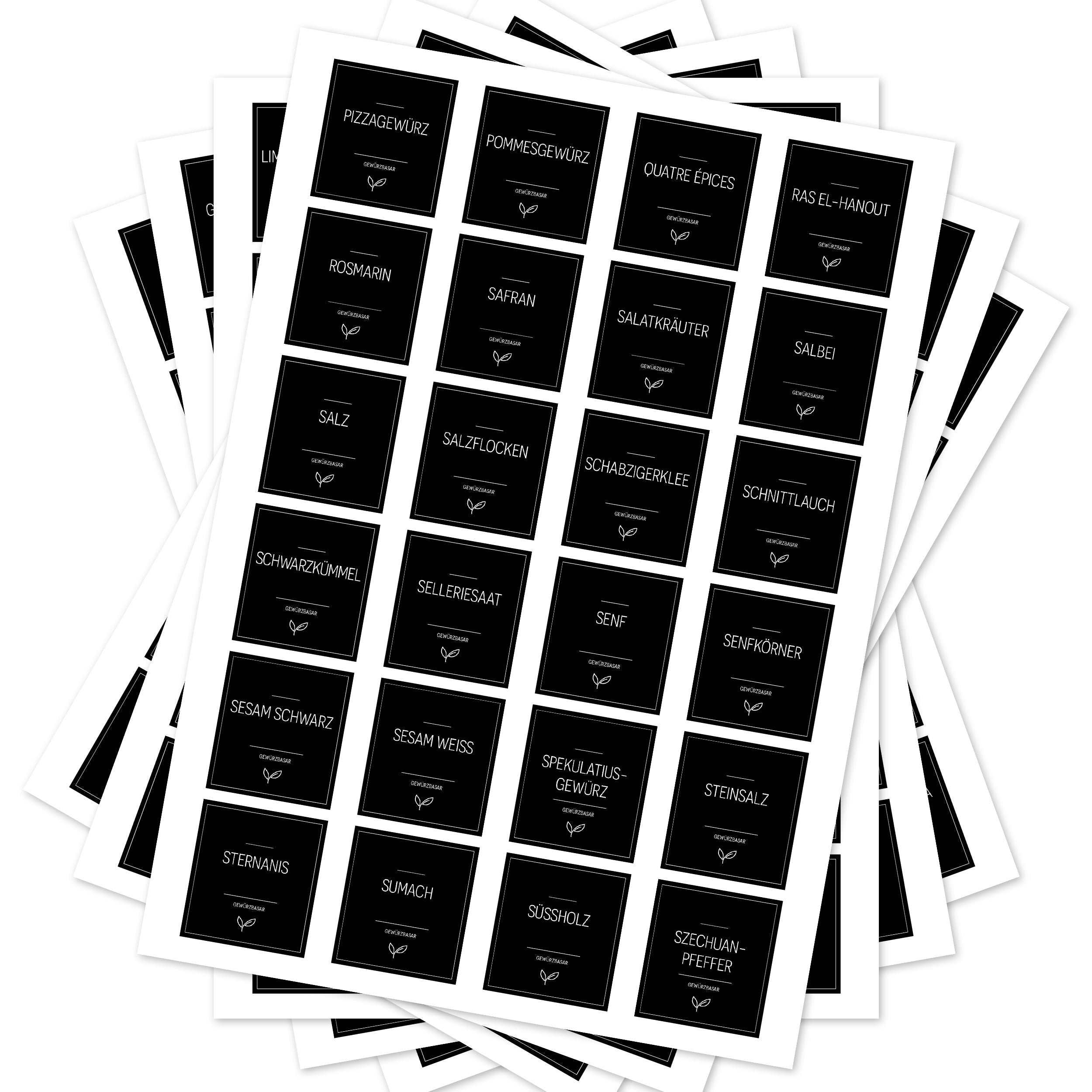 Schwarze Gewürzetiketten für Gläser, rechteckig, 144 Stück, aufkleberdrucker.de, ideal zum Beschriften von Gewürzgläsern