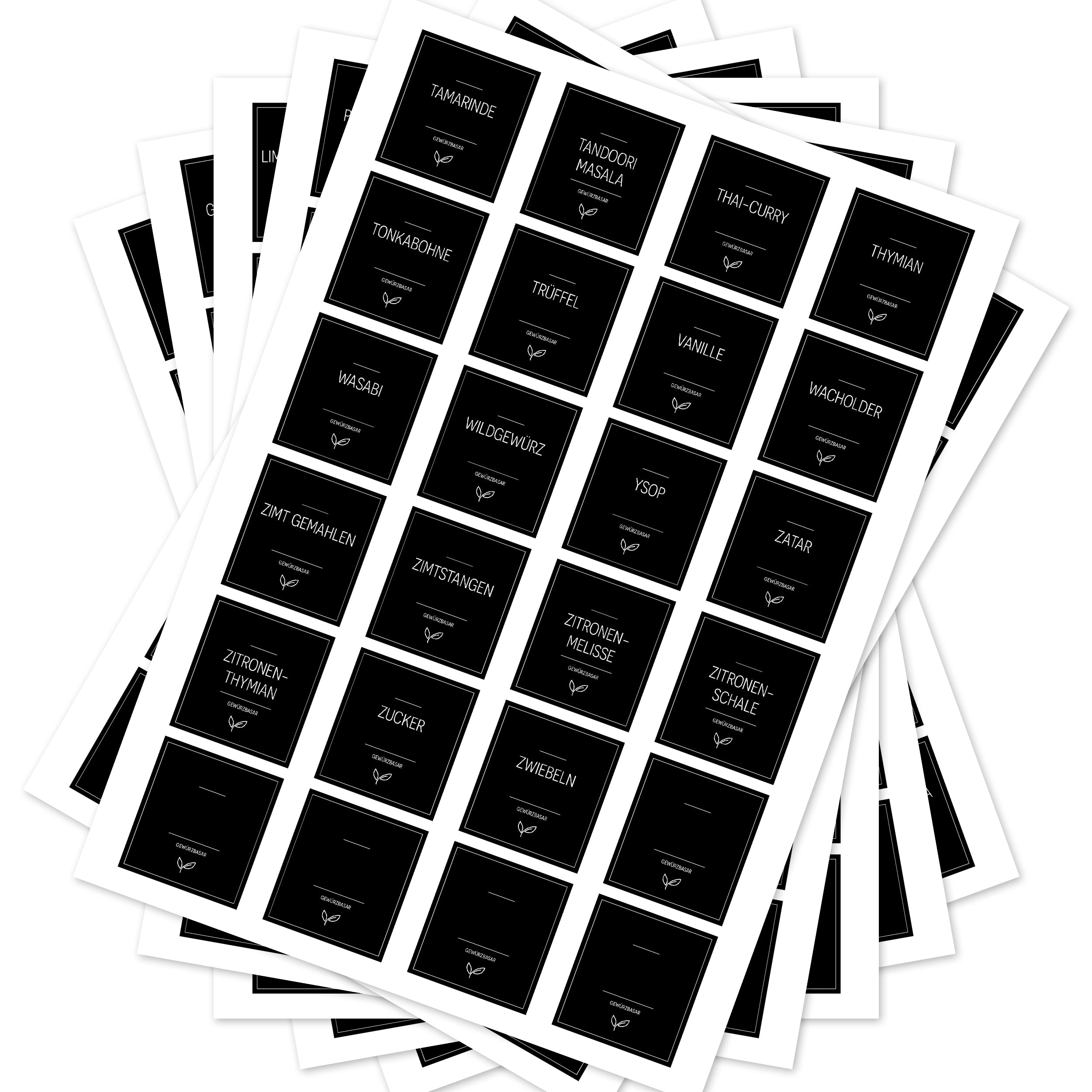 Schwarze, eckige Gewürzetiketten für Gläser, Set mit 144 Aufklebern, ideal für Gewürzbasar und Küchenorganisation