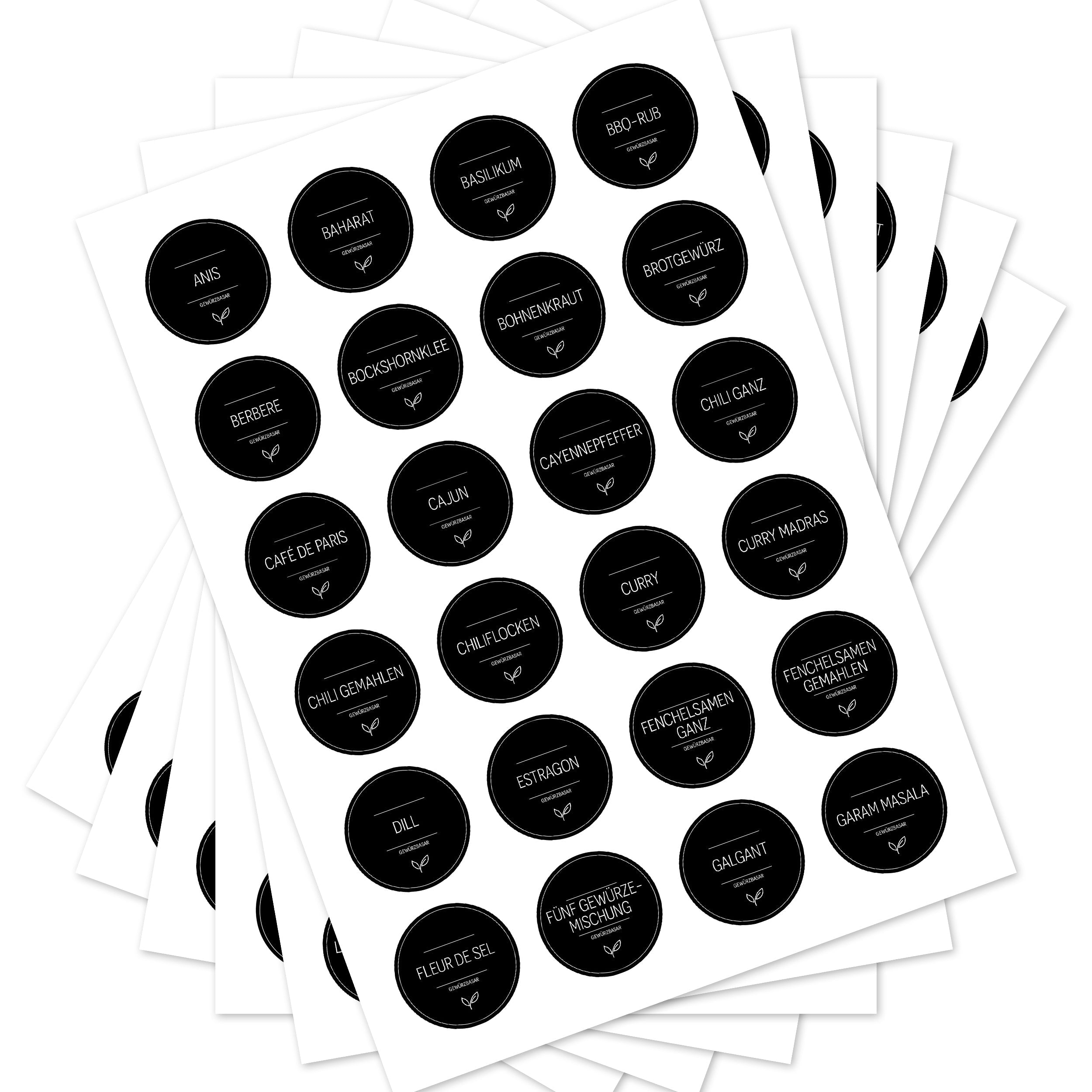 Runde schwarze Gewürzetiketten für Gewürzgläser, 144 Stück, von aufkleberdrucker.de, auf einem Gewürzbasar.