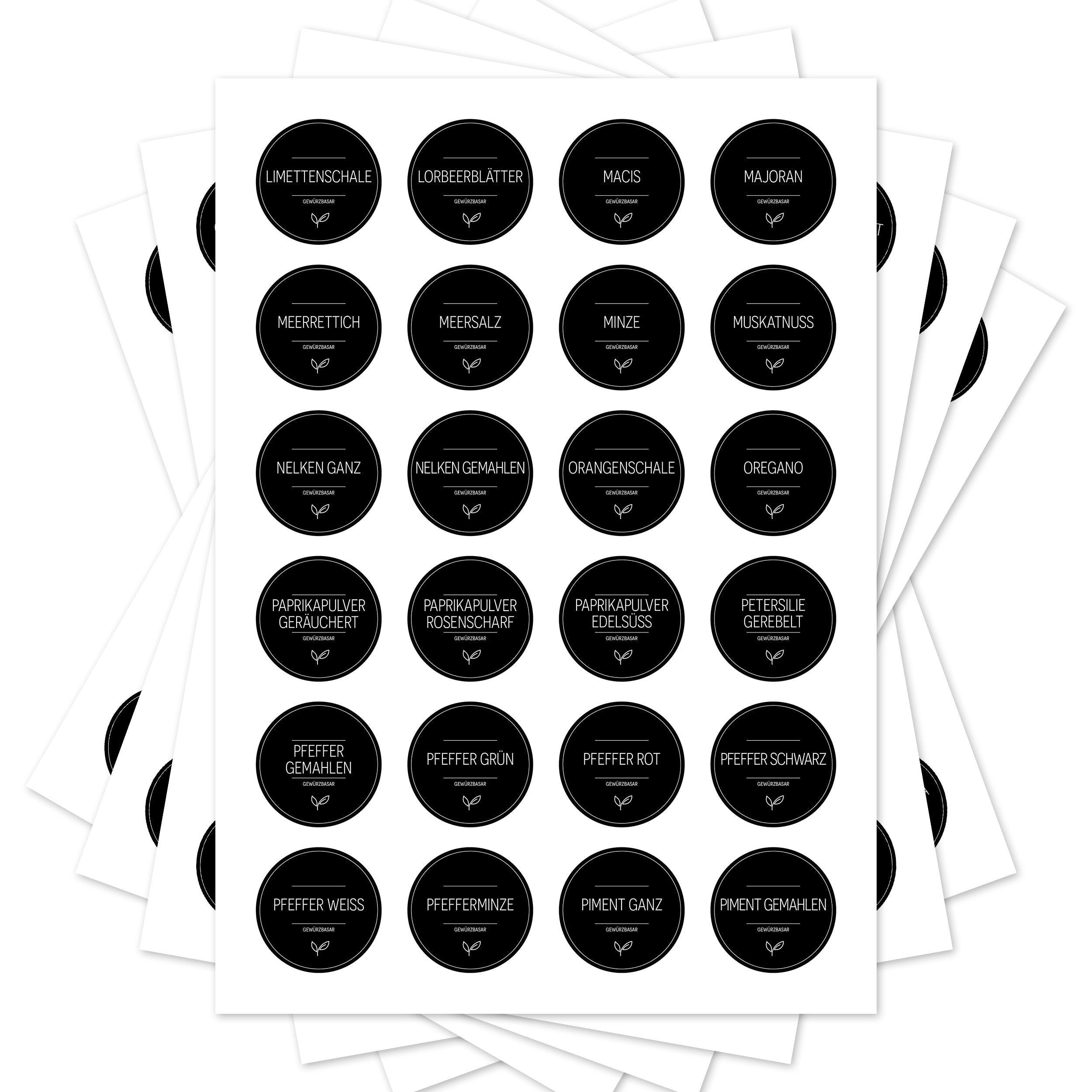 Runde schwarze Gewürzetiketten für Gewürzgläser, Set mit 144 Aufklebern von aufkleberdrucker.de, detailreiche Beschriftungen sichtbar