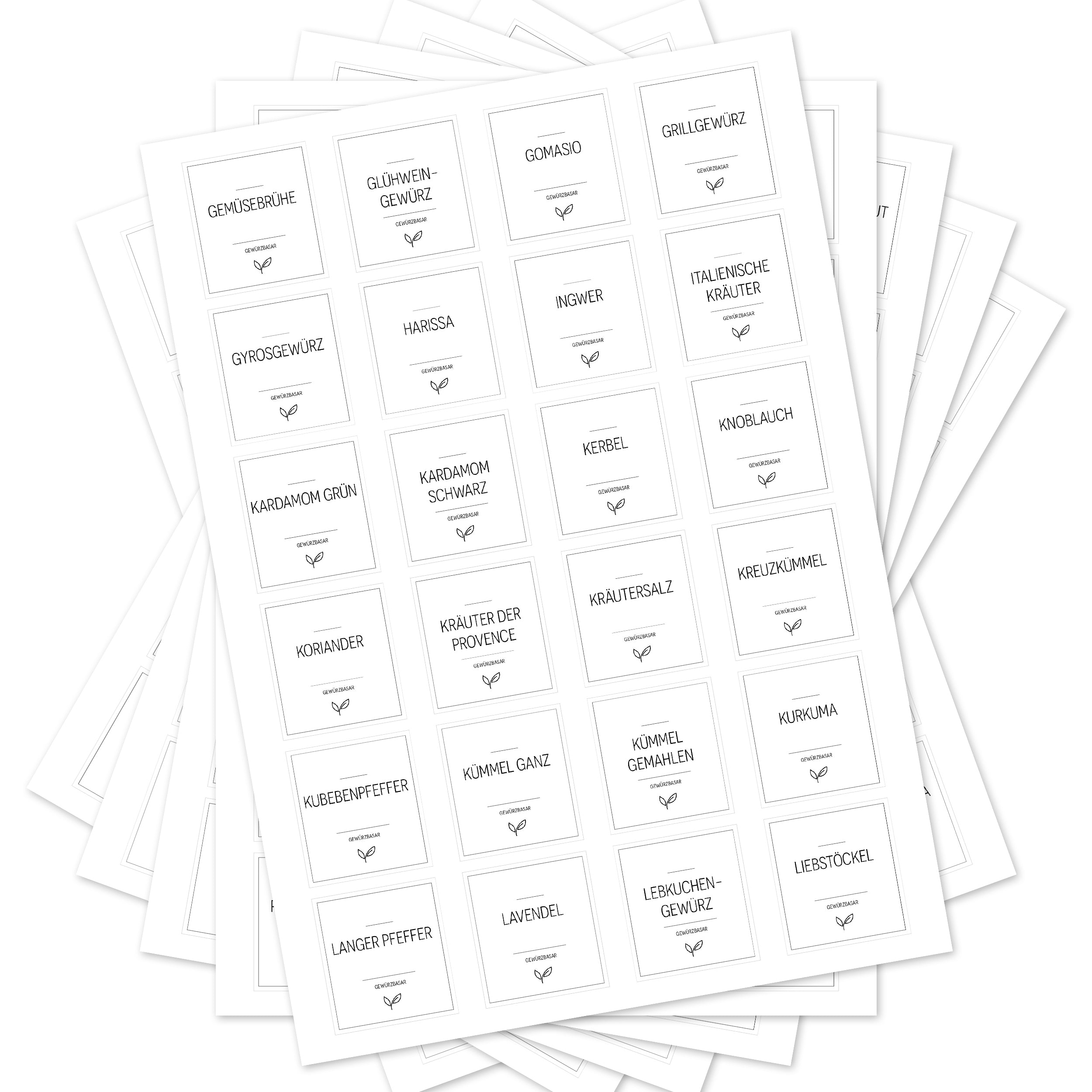 Weiße, eckige Gewürzetiketten für Gewürzgläser, Set mit 144 Aufklebern von aufkleberdrucker.de, ideal zum Beschriften.