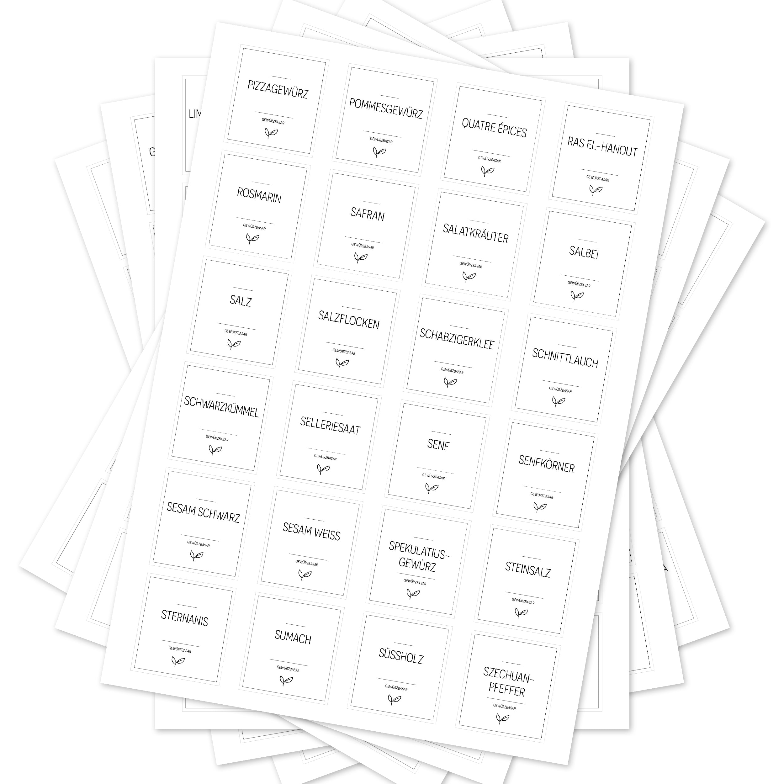 Weiße, eckige Gewürzetiketten für Gläser, Set mit 144 Aufklebern, ideal für Gewürzbasar und Küchenorganisation.