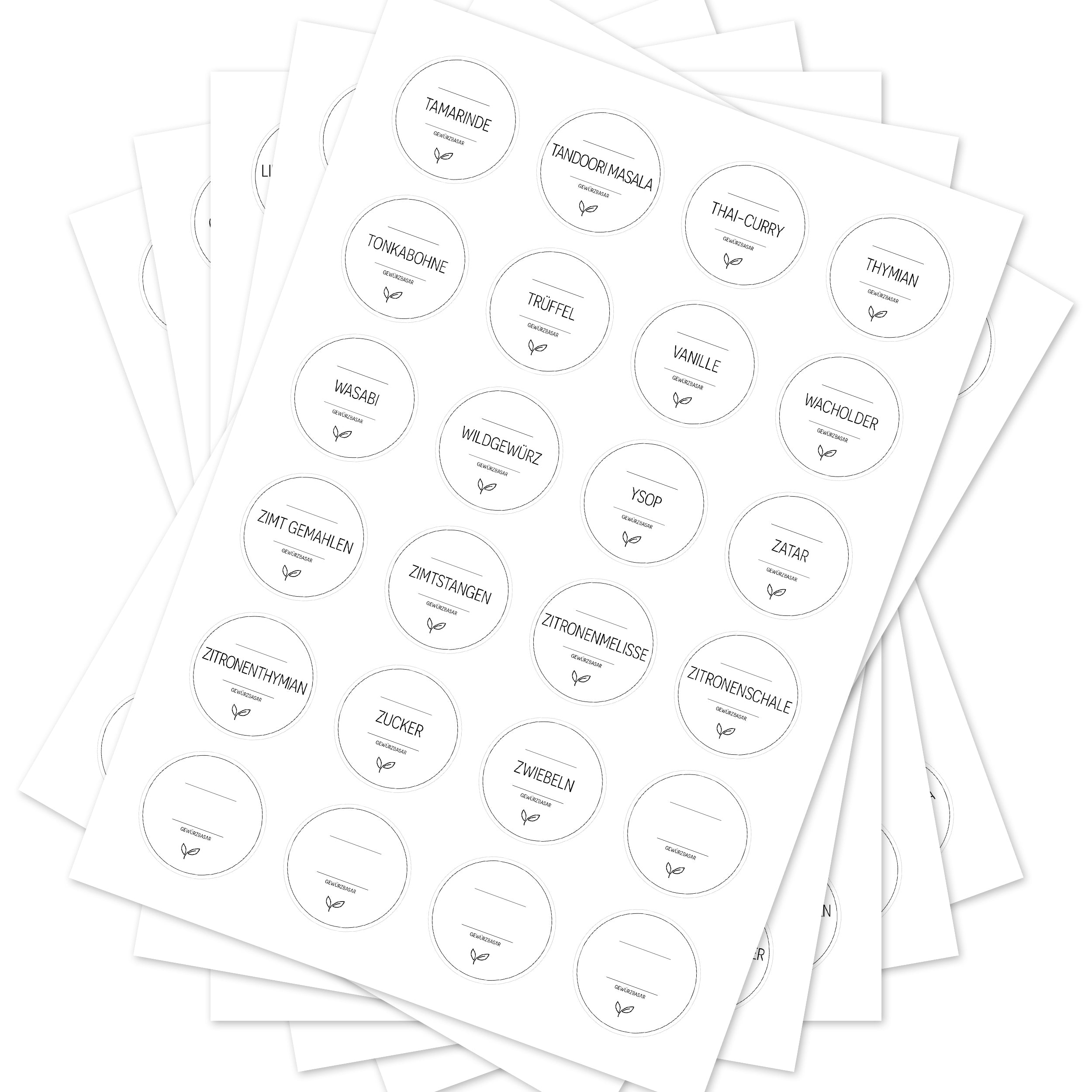 Runde weiße Gewürzetiketten für Gewürzgläser, 144 Stück, von aufkleberdrucker.de, perfekt zum Beschriften Ihrer Gewürzbehälter.
