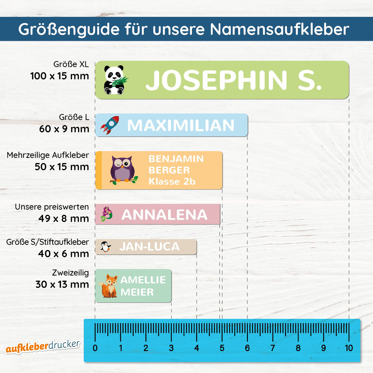 Kinder-Namensaufkleber in verschiedenen Größen, bunt und kindgerecht, ideal zum Beschriften von Schulmaterial und Kleidung.