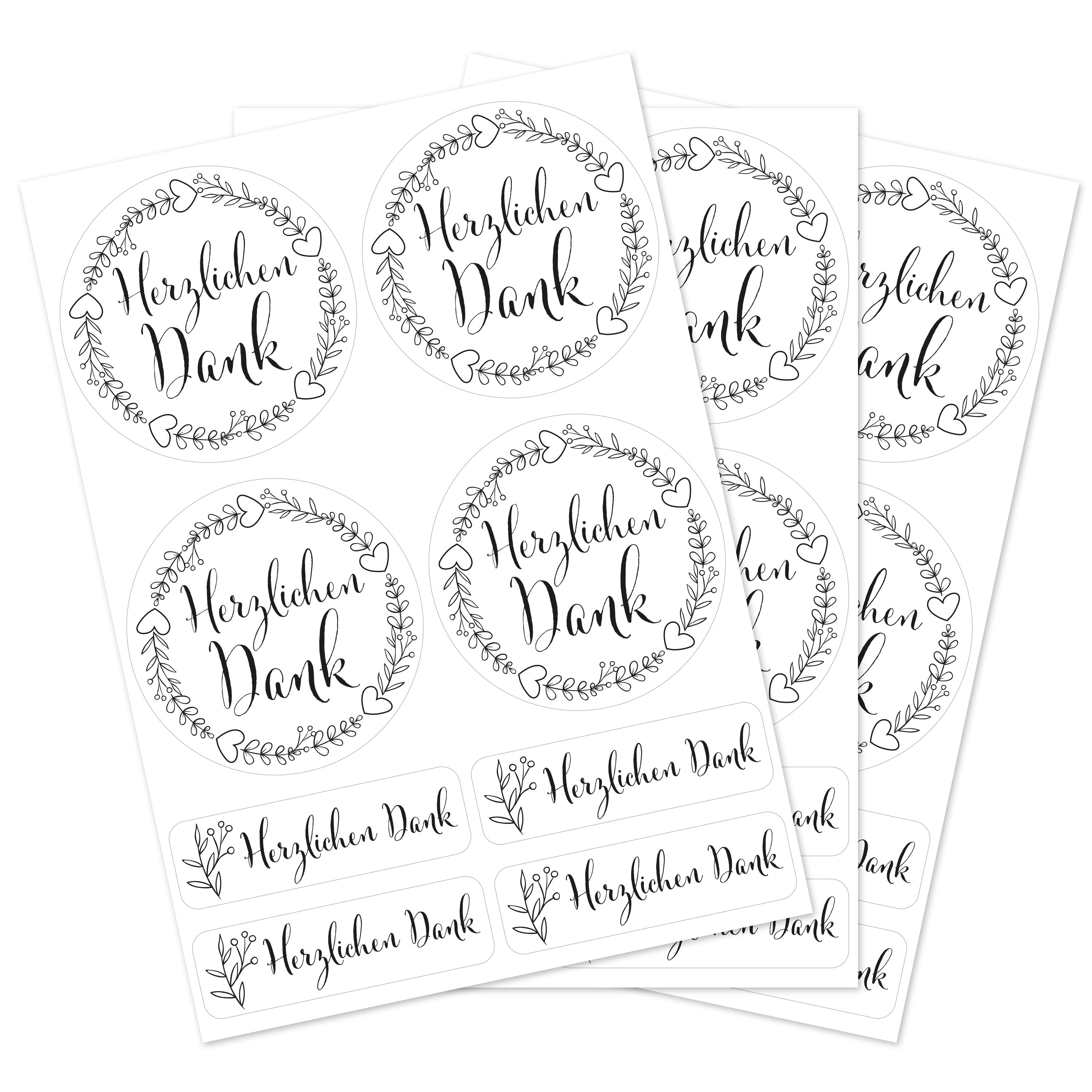 Schwarz-weiße Hochzeitsaufkleber im Set mit 80 variierenden Größen und Texten, ideal für Dankeskarten und Dekorationen