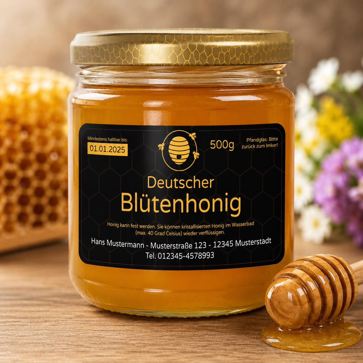 Personalisierte Honigetiketten für 500g Gläser, 120x65 mm, 50 Stück, mit ansprechendem Design auf dem Honigglas.