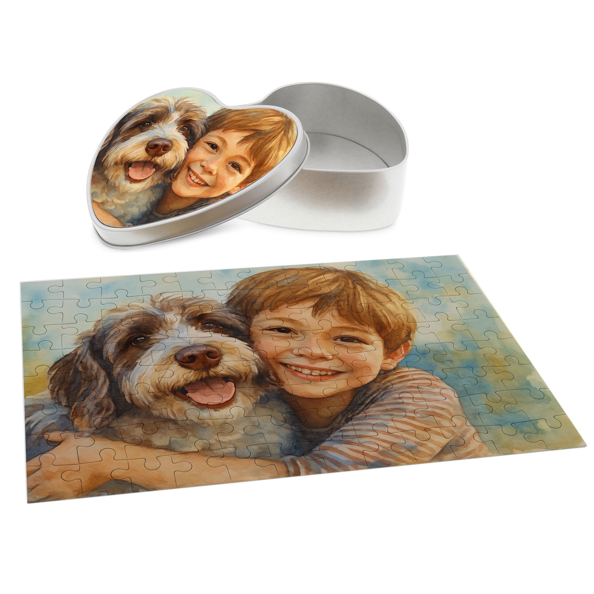 Person, die ein personalisiertes Puzzle mit Aquarellzeichnung hält, inklusive Herzdose, 96 Teile, von aufkleberdrucker.de.