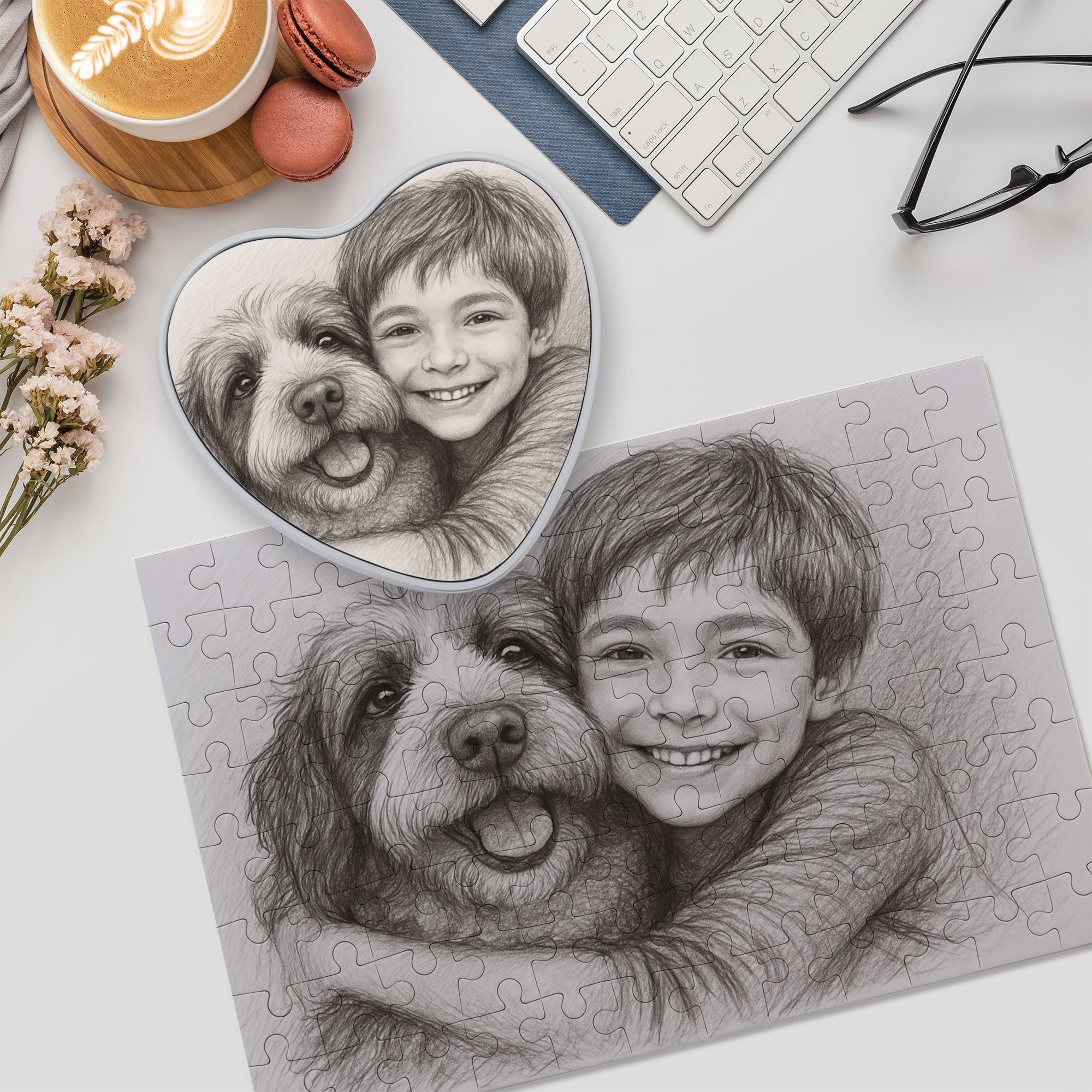 Puzzle mit Bleistiftzeichnung und Individualisierung (inkl. Herzdose – 96 Teile) - adressaufkleber-fabrik.de