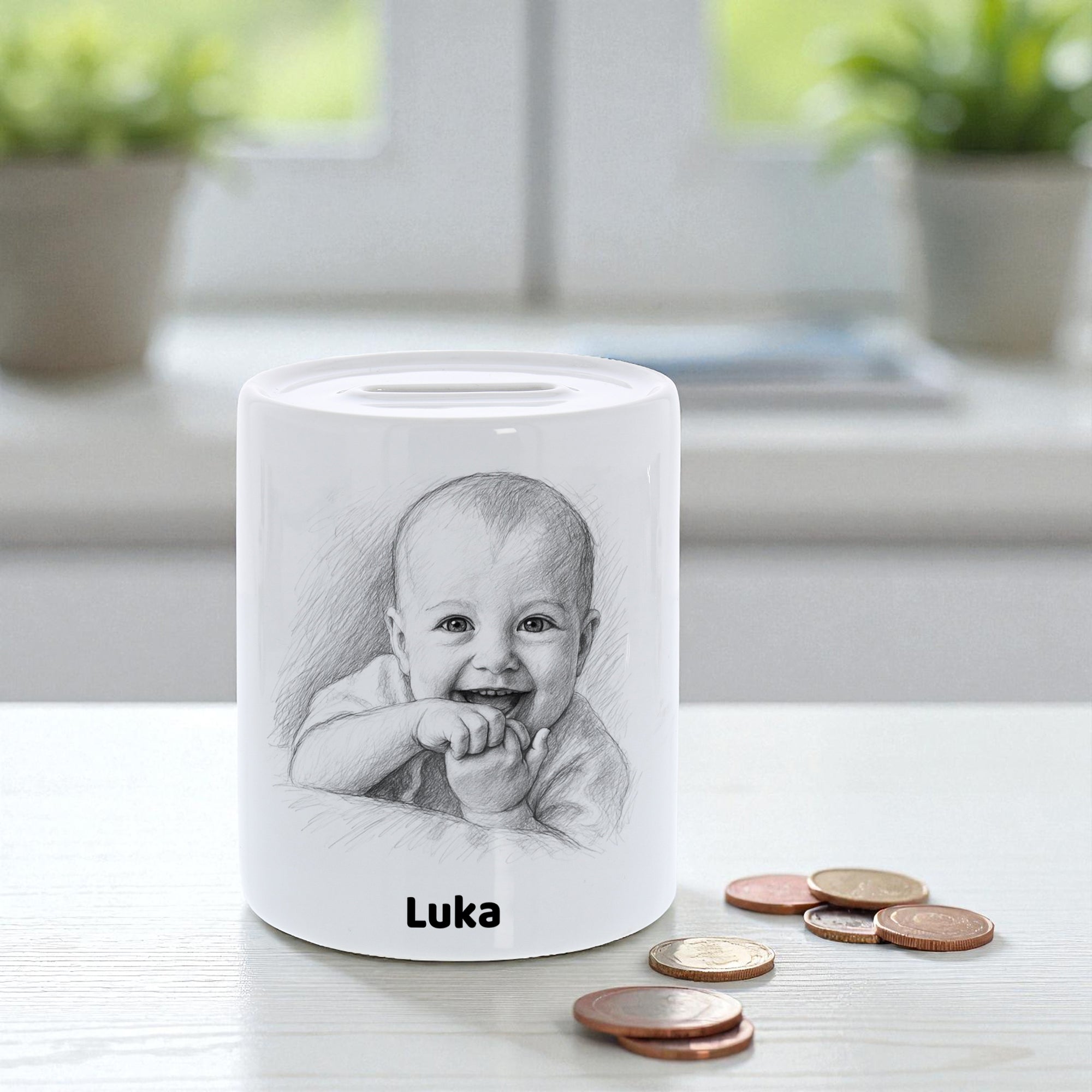 Spardose mit Bleistiftzeichnung und personalisierter Gestaltung, kreative Geldbox von aufkleberdrucker.de