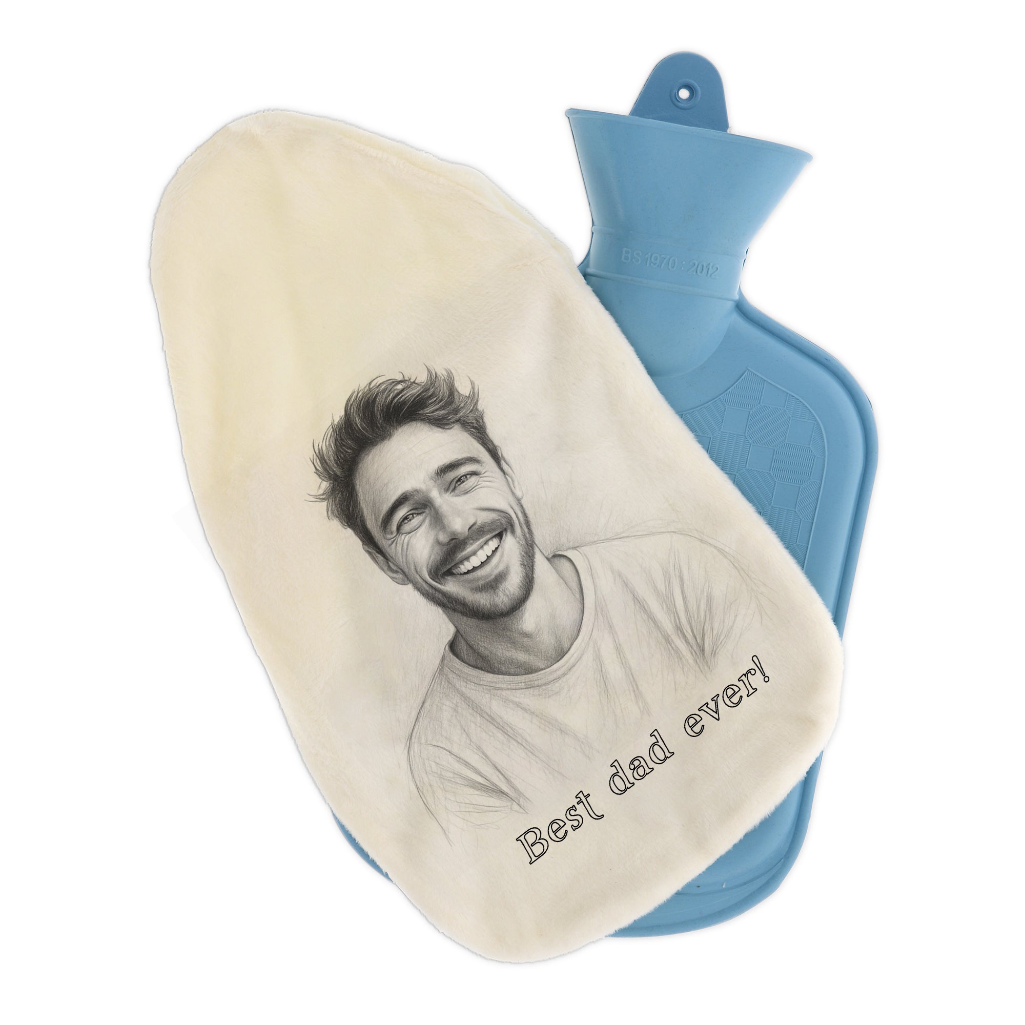 Wärmflasche mit Bleistiftzeichnung und personalisierbarer Gestaltung, ideal zum Wärmen und Dekorieren.