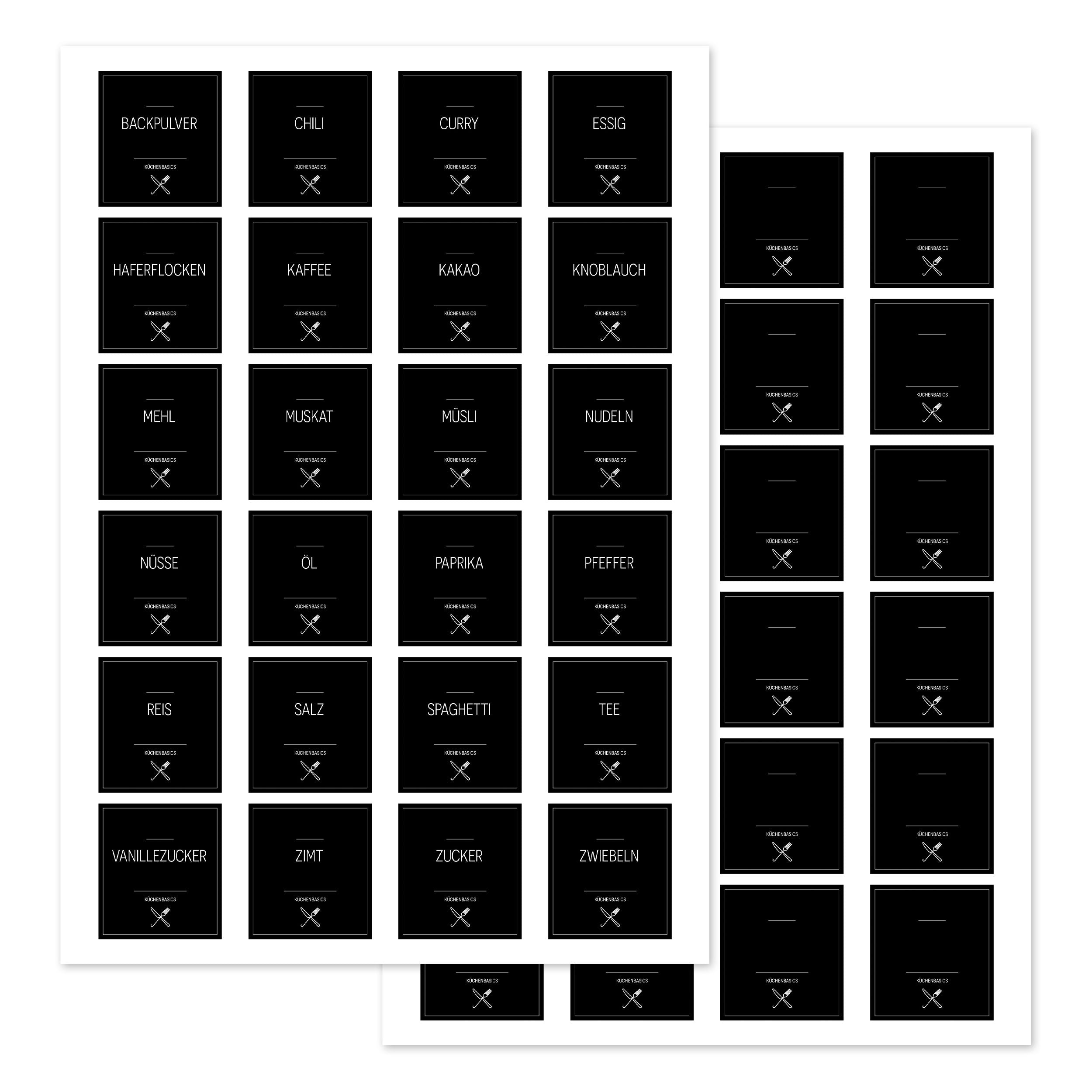 Set mit 48 schwarzen, eckigen Küchenaufklebern von aufkleberdrucker.de, perfekt für die Dekoration und Organisation in der Küche