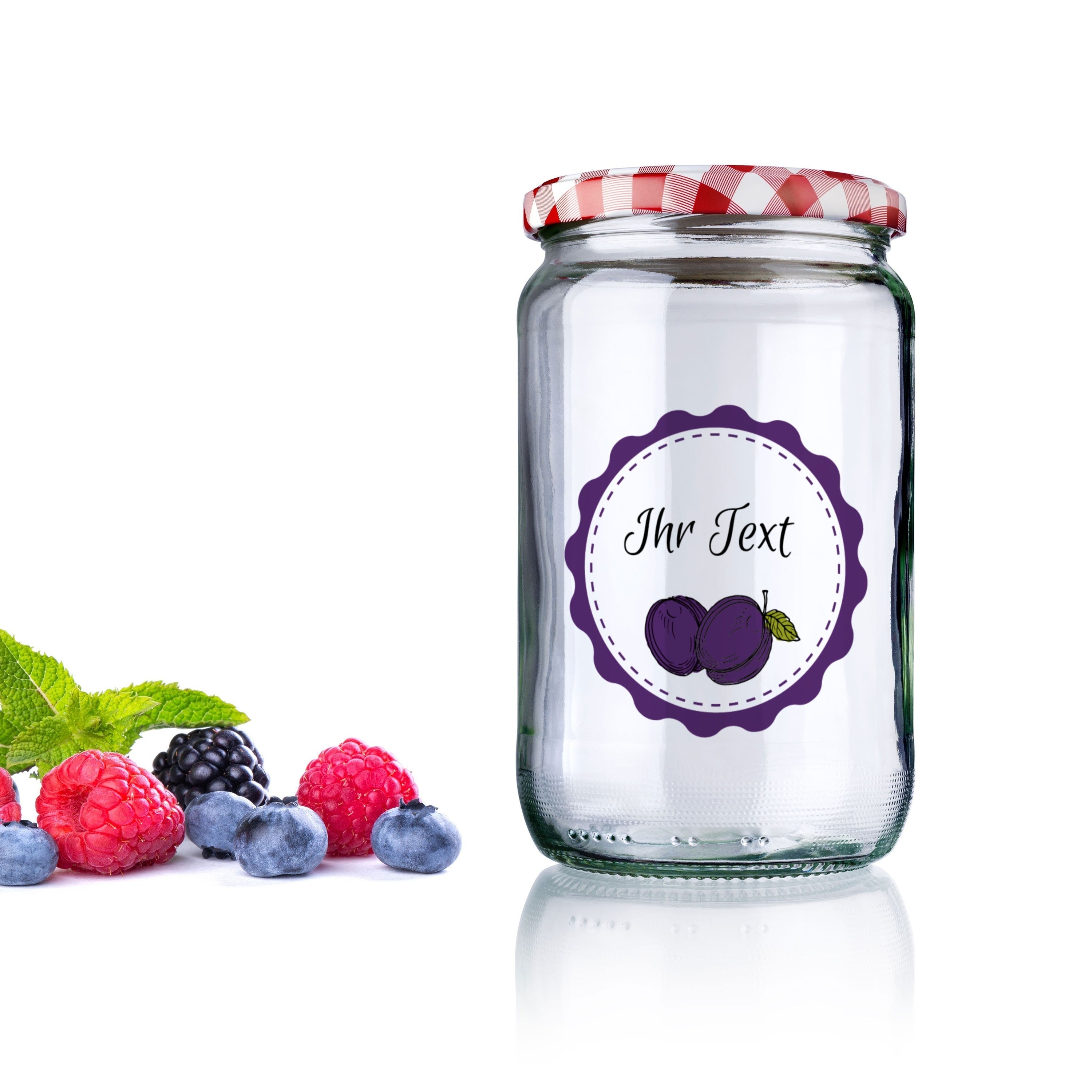 Set mit drei Bögen Marmeladenetiketten mit verschiedenen Motiven und Zwetschgenzeichnung, ideal für selbstgemachte Marmeladen.