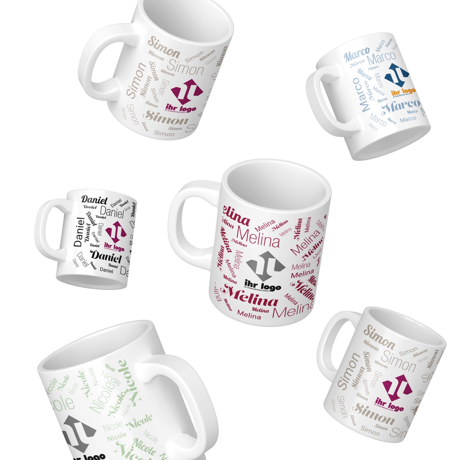 Keramiktasse mit individuellem Namen und Firmenlogo, hochformatig, glänzende Oberfläche, personalisierte Werbetasse