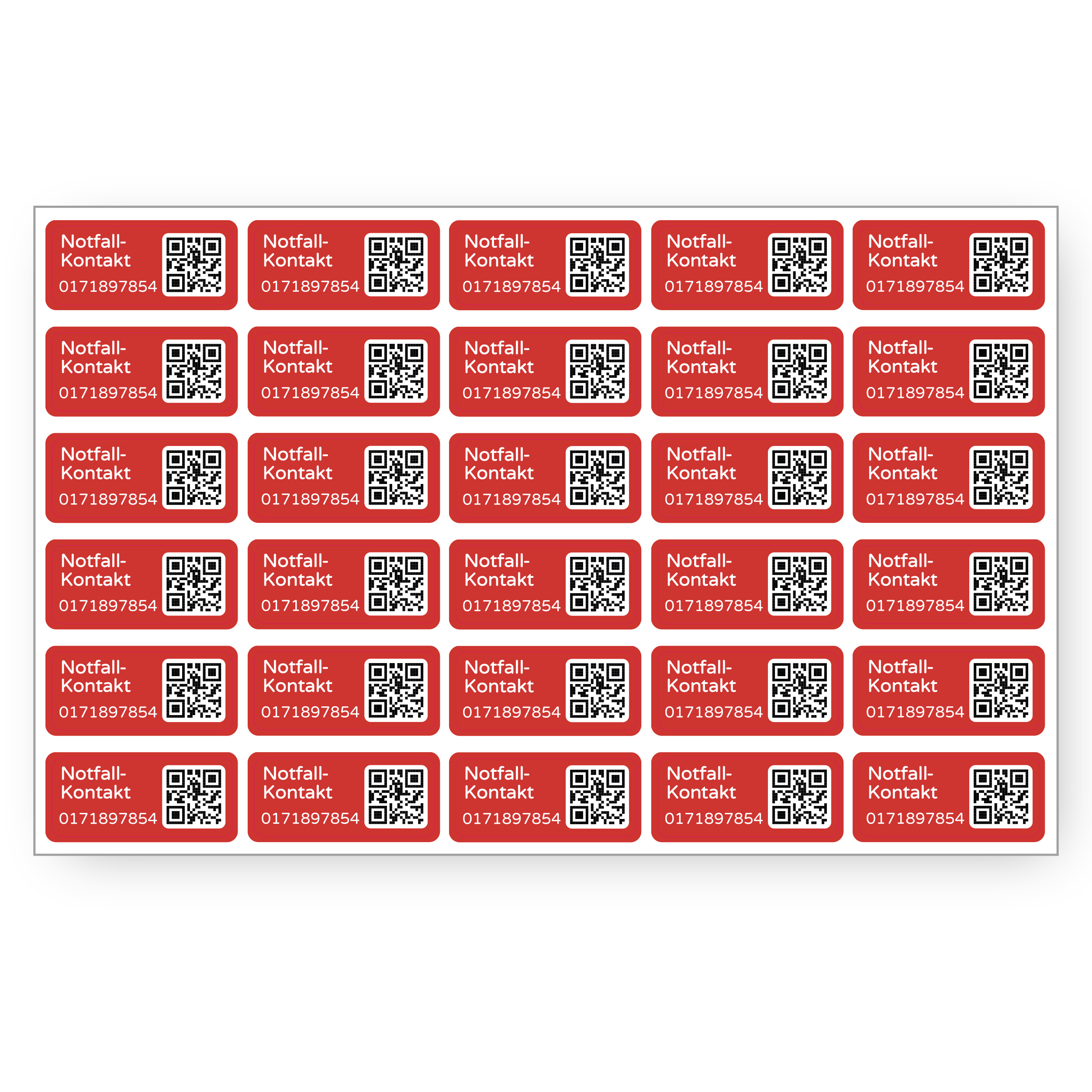 Starker Notfallkontakt-Aufkleber mit Telefonnummer und QR-Code, 30x13 mm, aufkleberdrucker.de, für schnelle Rettung.