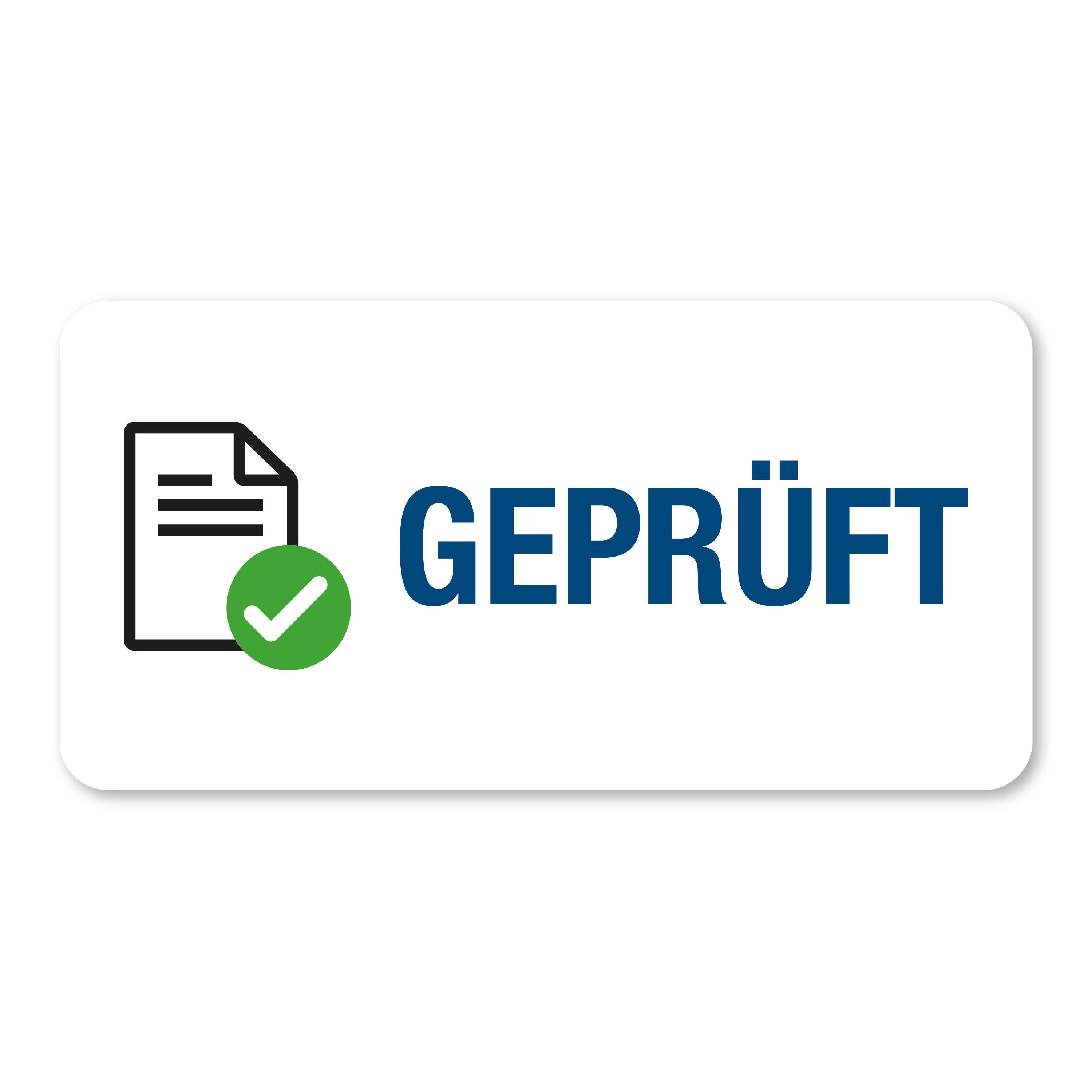 Aufkleber mit Piktogramm "Geprüft" in 60x30 mm, 250 Stück, auf Rollenetiketten, für Kennzeichnung und Sicherheit.
