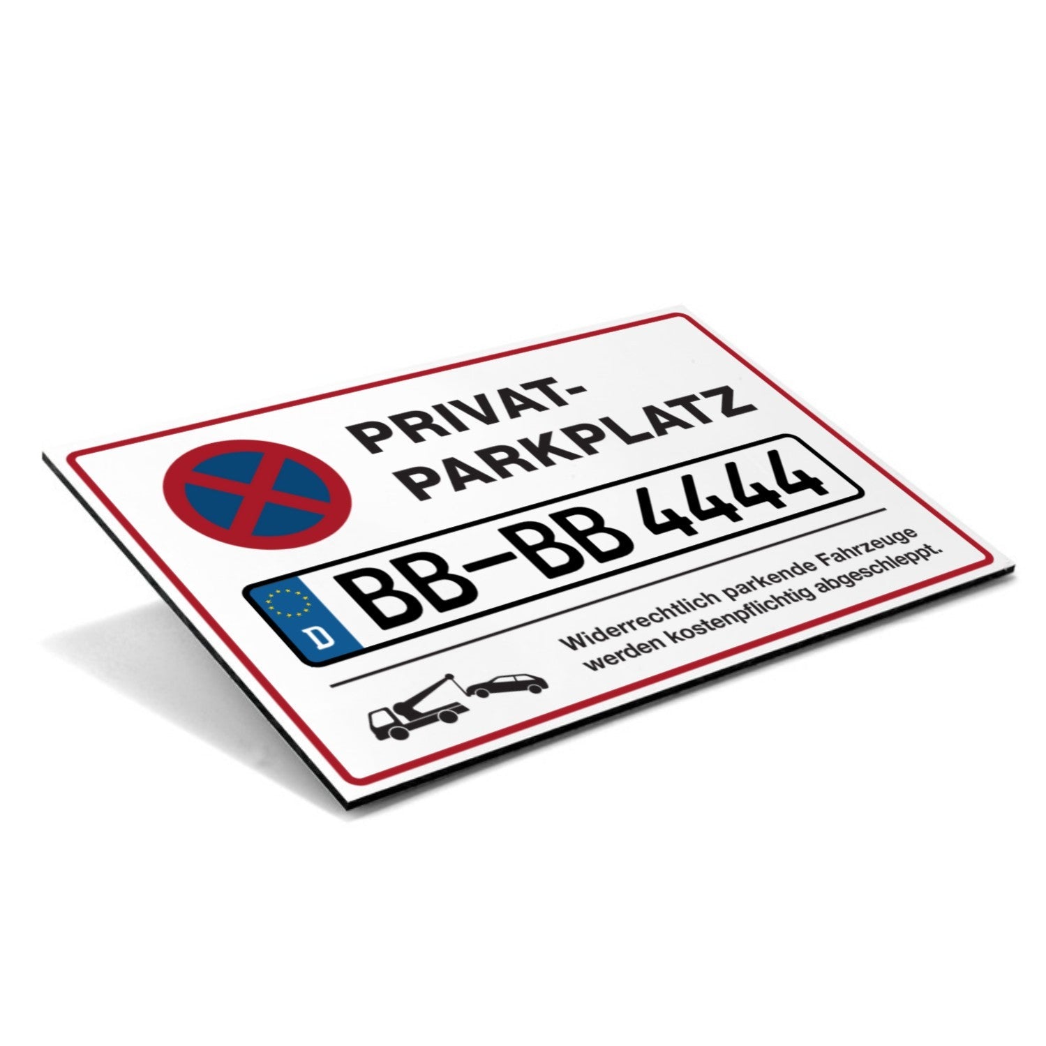 Schild "Privatparkplatz" mit individuellem Kennzeichen, 300x200 mm, aus wetterfestem Material, zeigt personalisiertes Parkzeichen