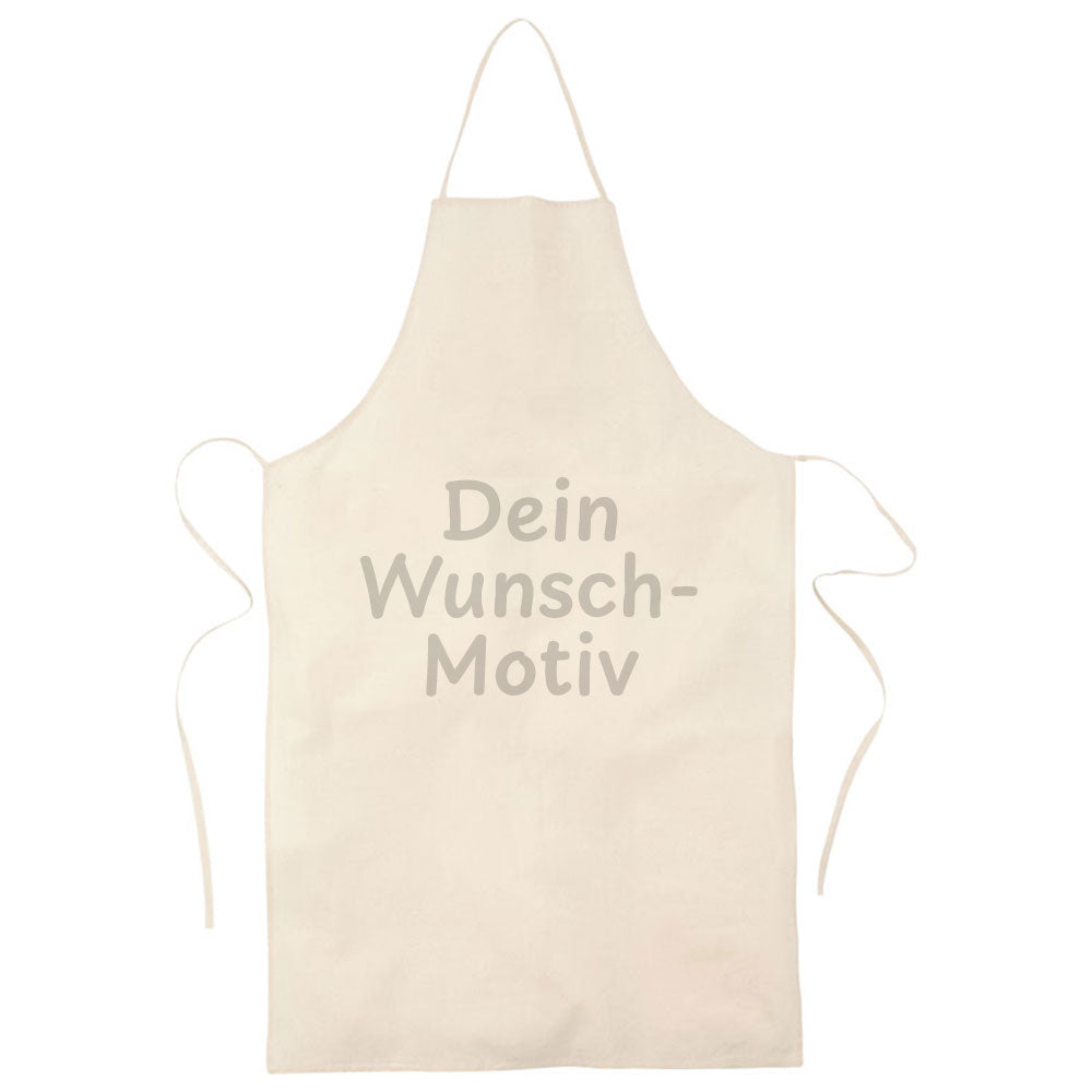 Kinder-Schürze aus Naturstoff mit individuellem Druck, zeigt eine kindgerechte Gestaltung und praktische Tragefunktion.