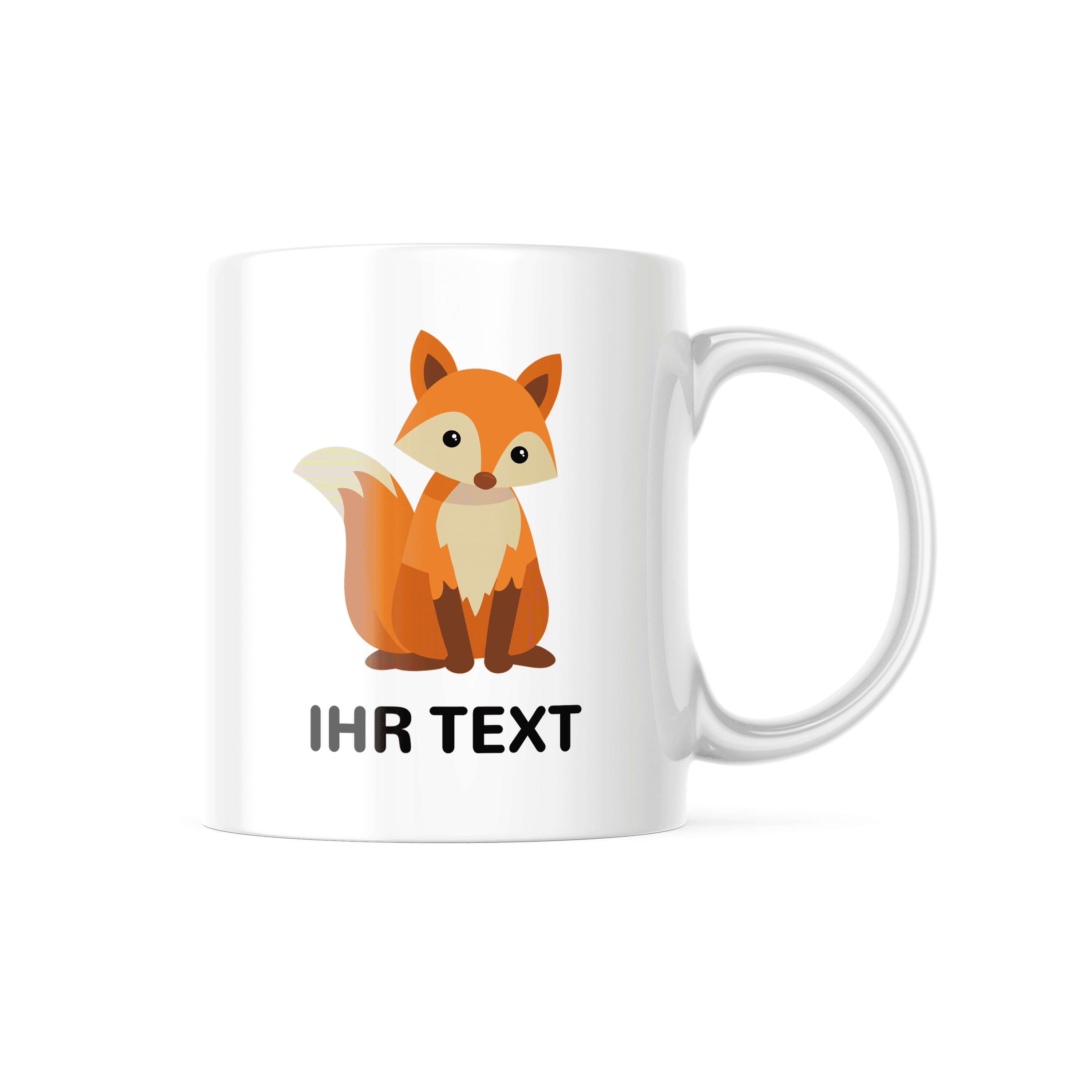 Weiße Keramiktasse mit Fuchs- und Kindermotiv sowie individuellem Druck, ideal für personalisierte Geschenke
