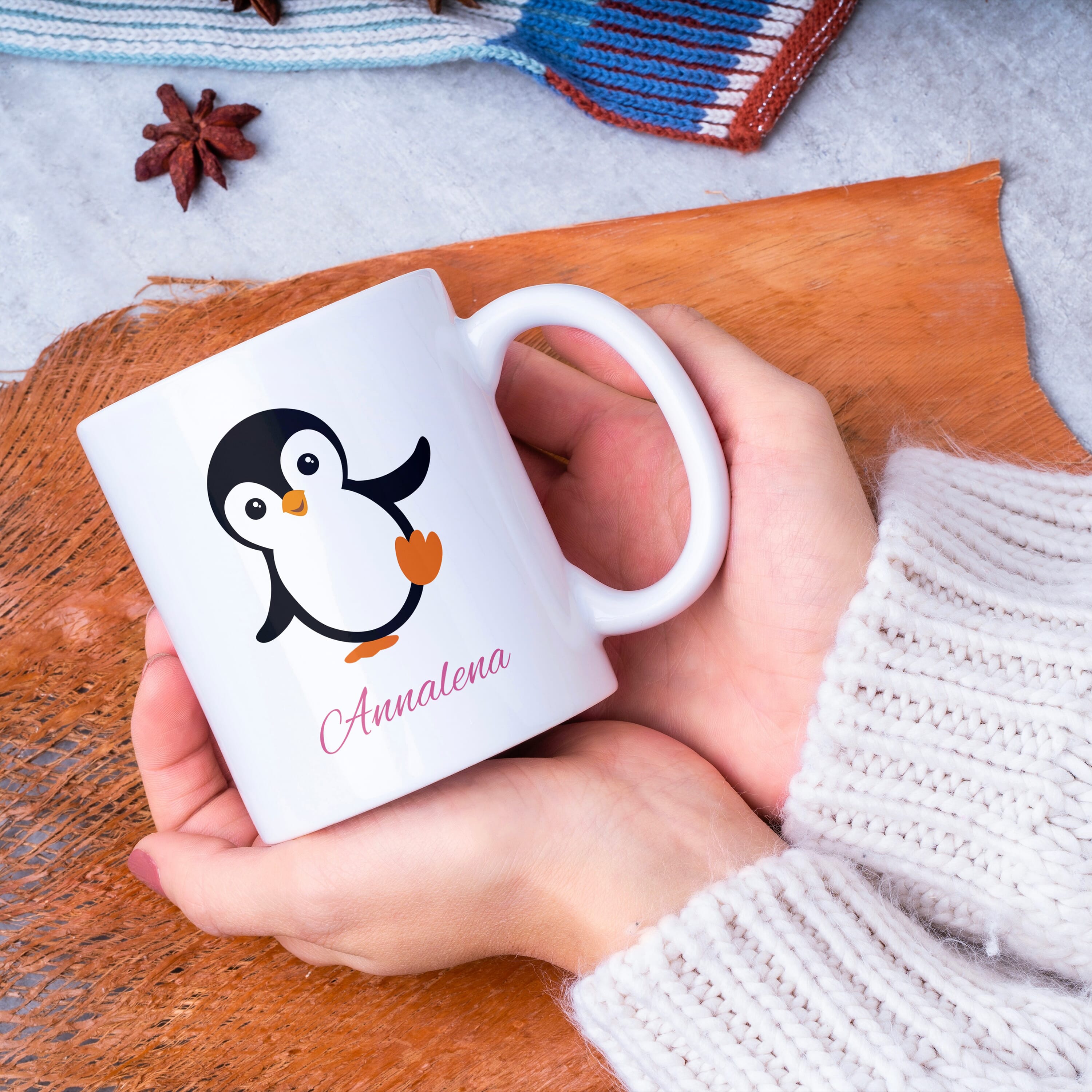 Weiße Keramiktasse mit Pinguin- und Kindermotiv, individuell bedruckt, ideal für Kinder, von gravur-fabrik.de