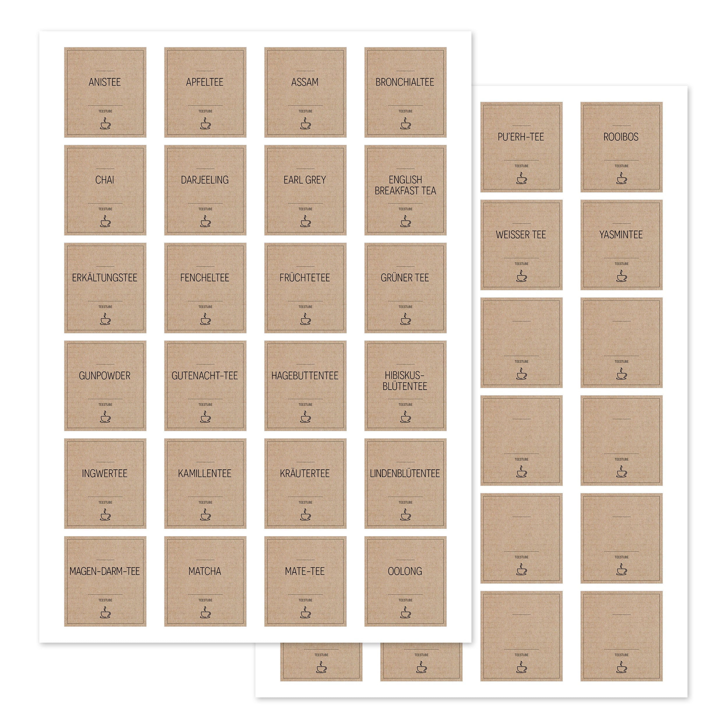 Set mit 48 braunen, eckigen Tee-Aufklebern für Teedosen, ideal für Tee-Etiketten, gefertigt von aufkleberdrucker.de