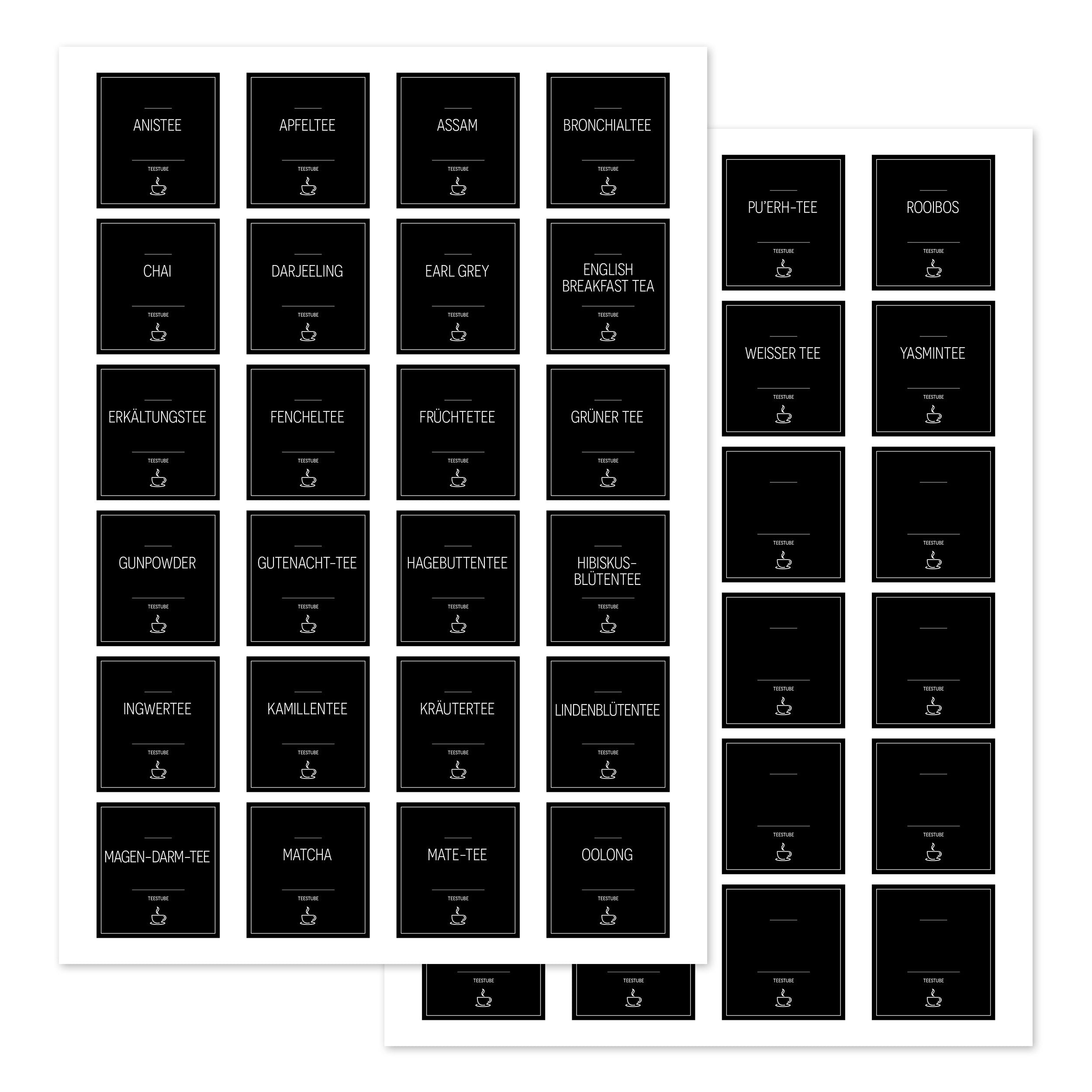 Schwarze, eckige Tee-Aufkleber für Teedosen, Set mit 48 Tee-Etiketten, ideal für Teestuben und Teeliebhaber.