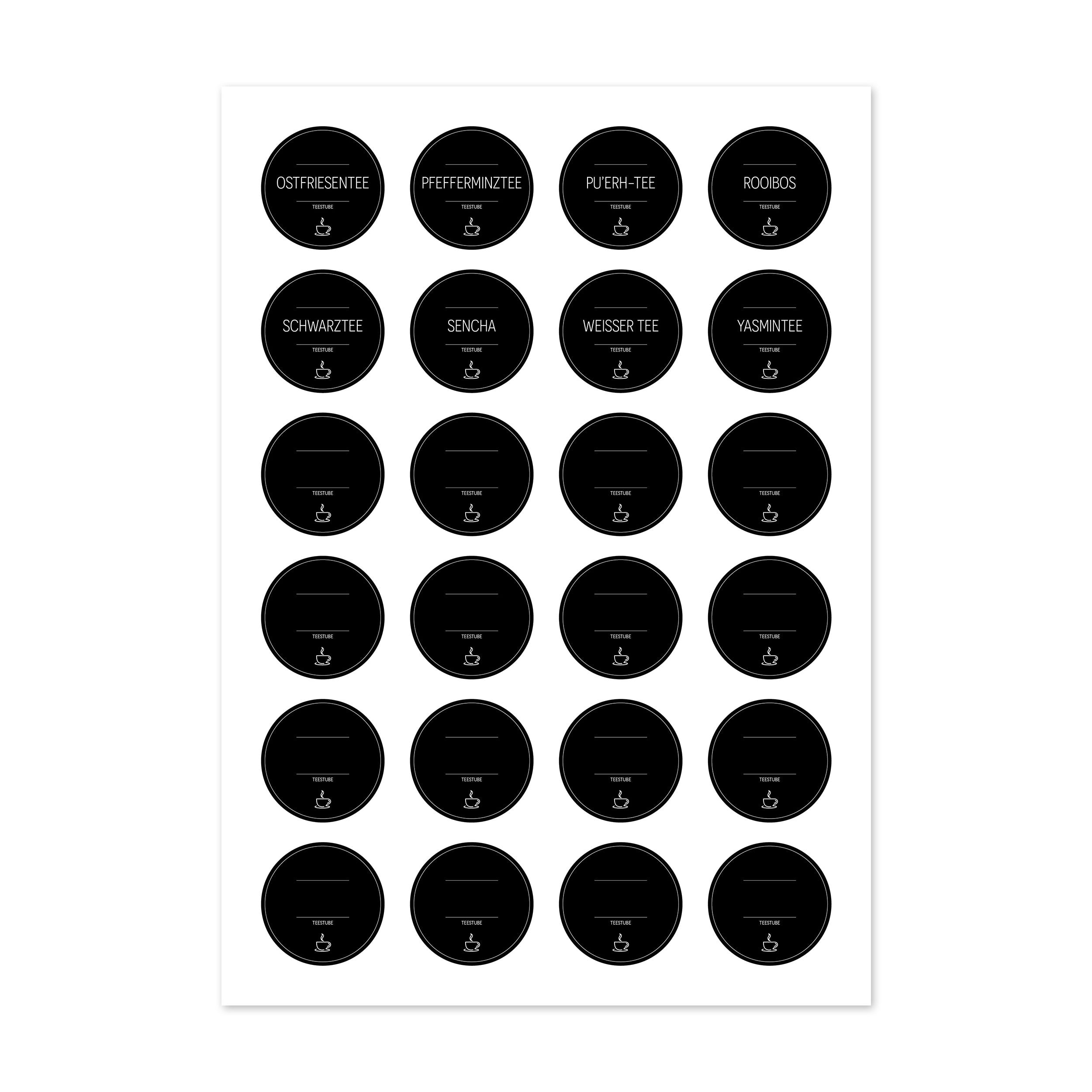 Runde schwarze Tee-Aufkleber für Teedosen, Set mit 48 Etiketten, perfekt für Tee- und Teedosen von aufkleberdrucker.de