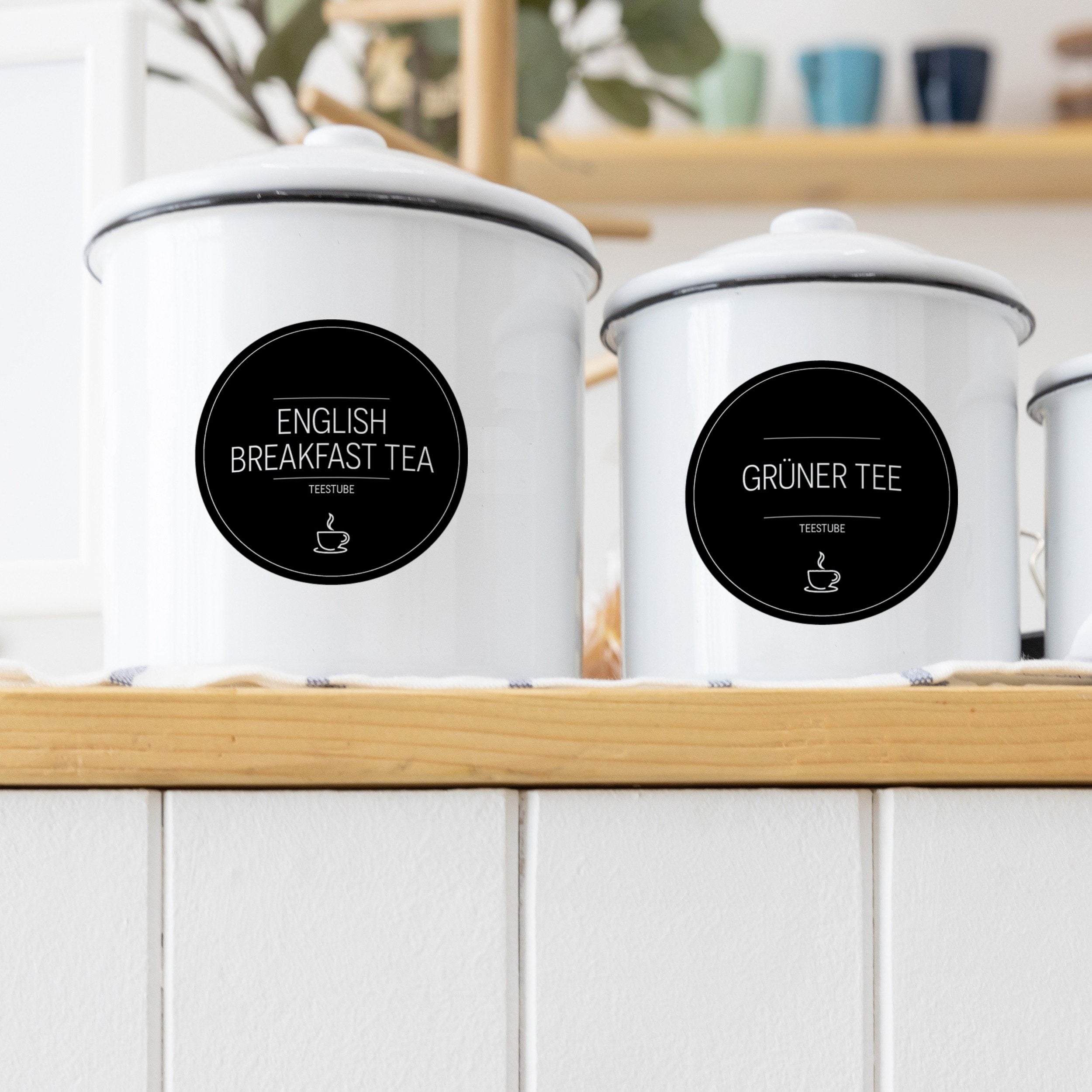 Runde schwarze Tee-Aufkleber für Teedosen, Set mit 48 Etiketten, ideal für Teestube und Teesammlung.