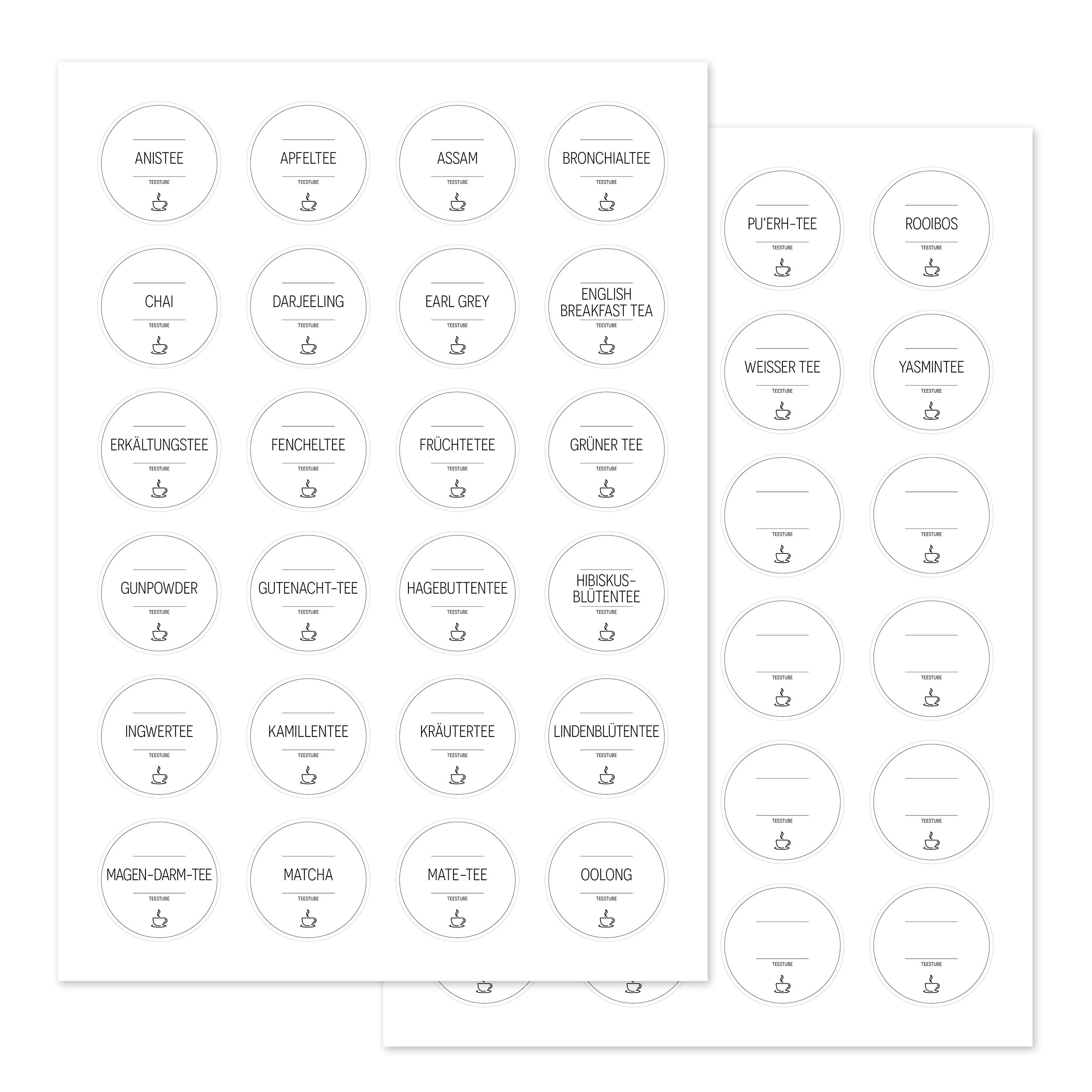 Runde weiße Tee-Labels Aufkleber für Teedosen, Set mit 48 Stück, dekorative Tee-Etiketten für Teestube.