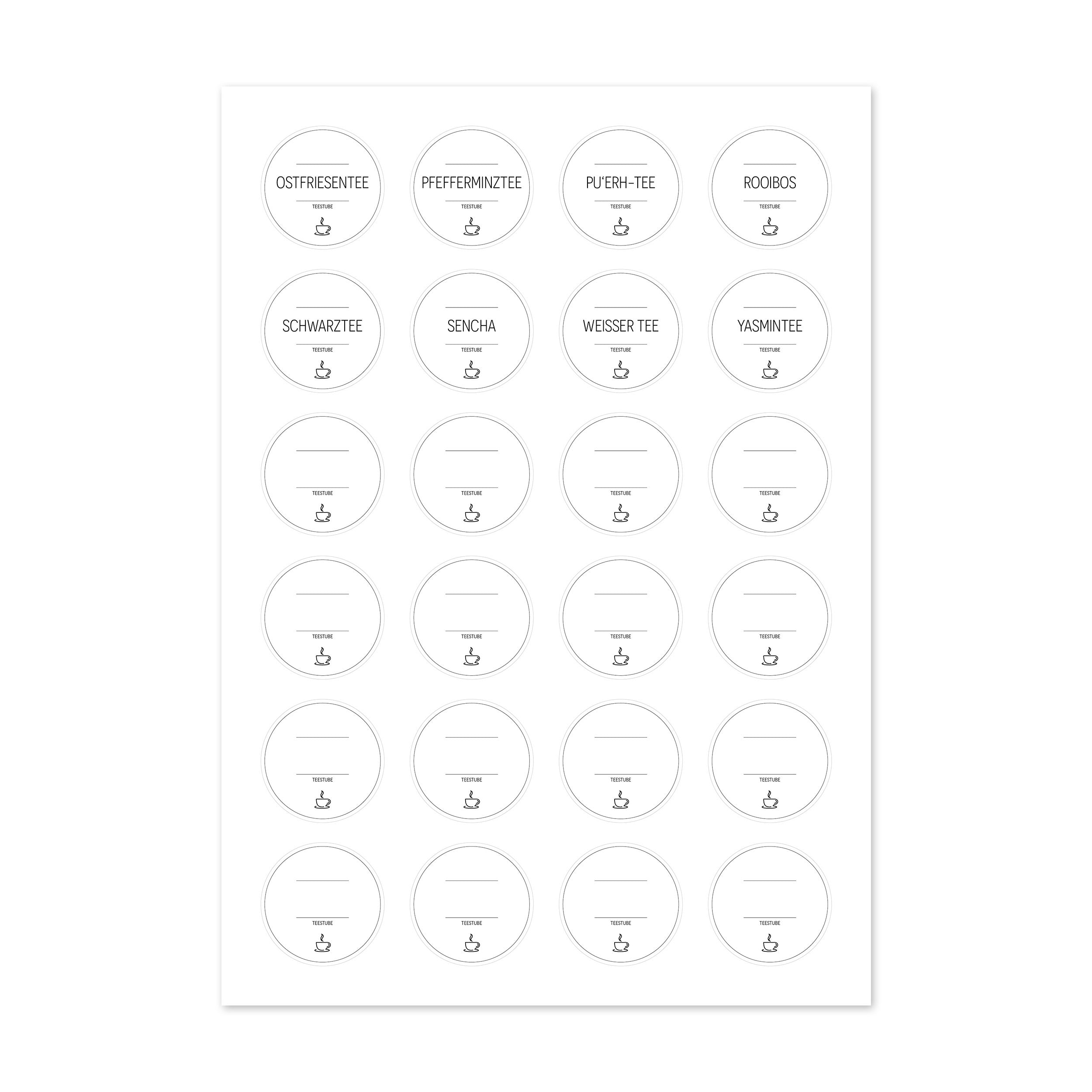 Runde weiße Teetassen-Aufkleber mit Tee-Etiketten für Teedosen, 48er Set, ideal für Tee-Labeling und Dekoration.