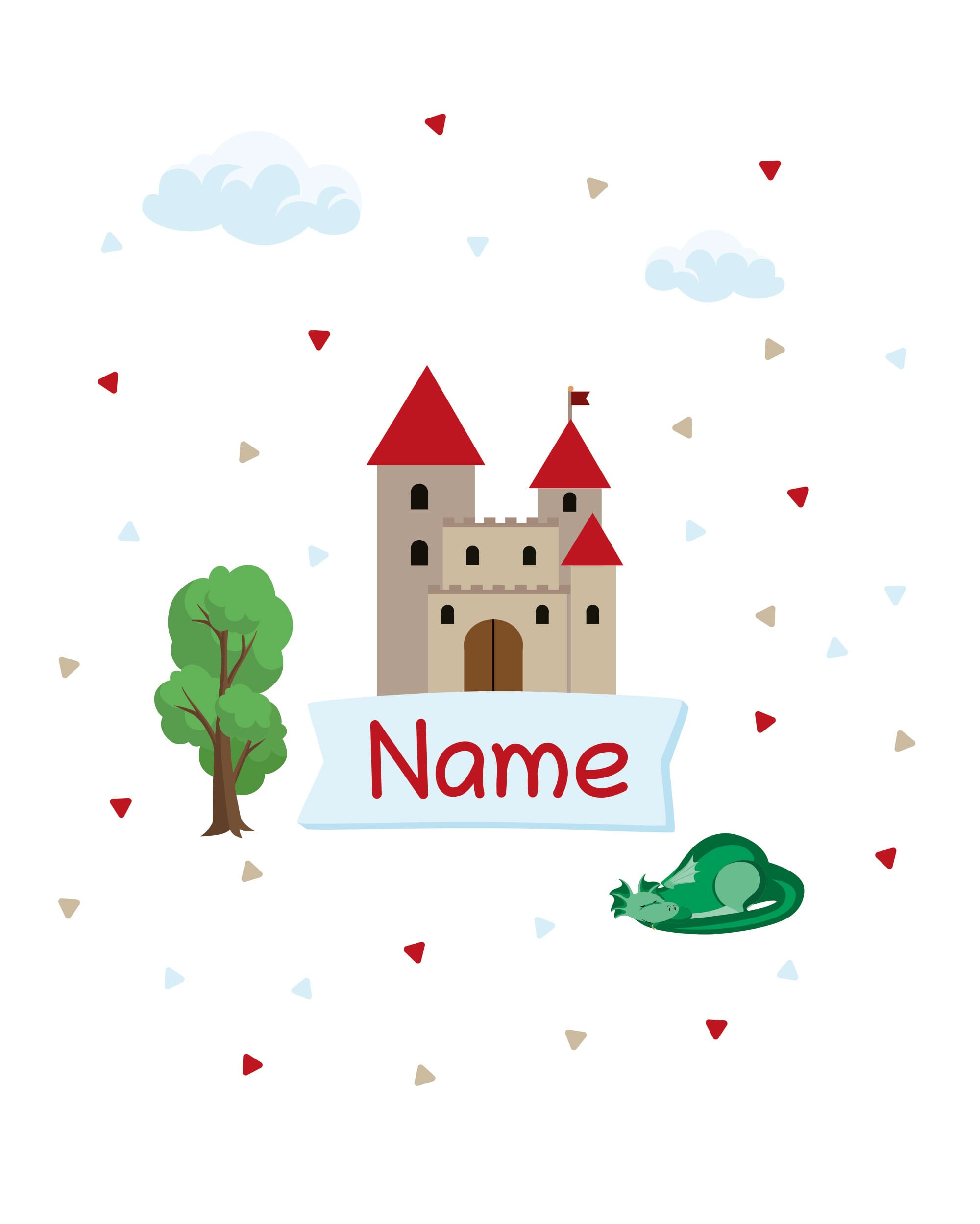 Individueller Türaufkleber mit Burgmotiv für Kinder, dekoratives Wandtattoo, abgebildet auf einer Tür.