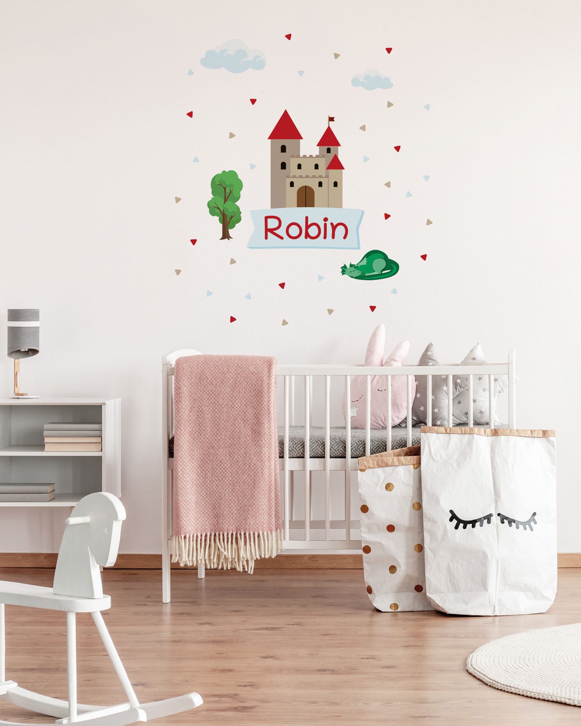 Personalisierbarer Türaufkleber mit Burgdesign für Kinder, dekorative Wandtattoos, detailreiche Illustration für Kinderzimmer