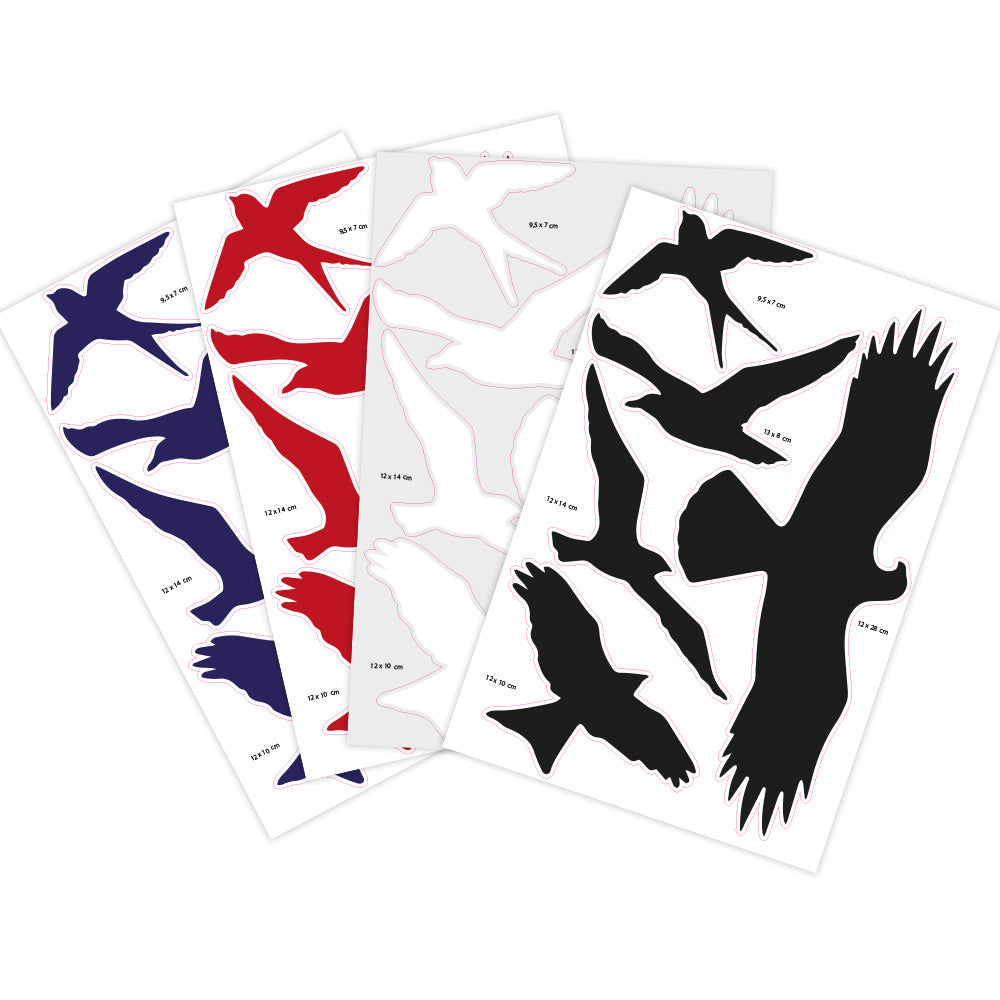 Vogel-Silhouetten-Aufkleber im Set auf zwei Bögen, ideal für Vogelschutz und Dekoration, auf weißem Hintergrund